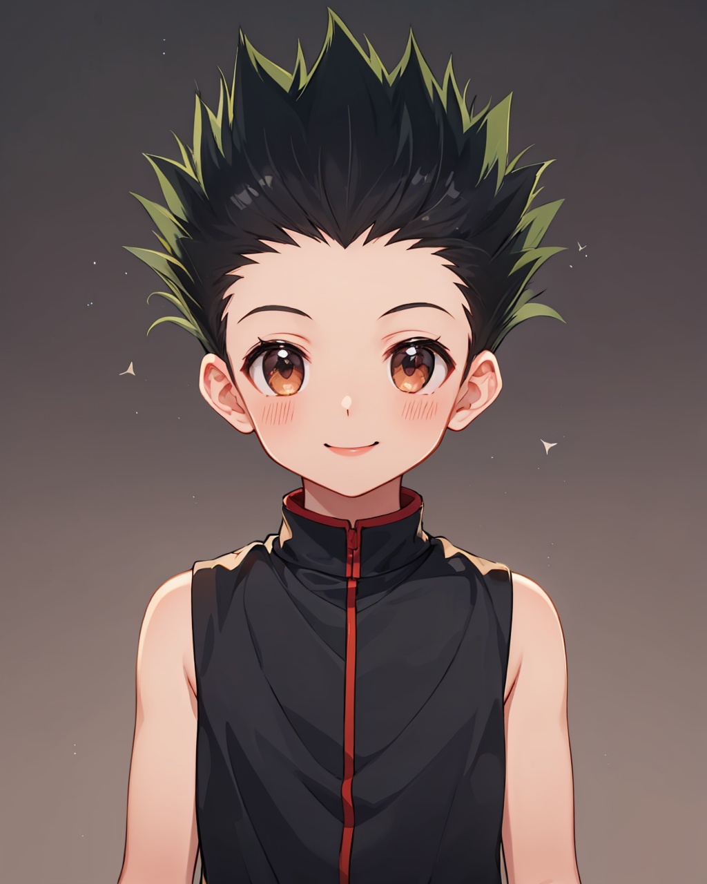 masterpiece,best quality, highly detailed, gon freecss,1boy, solo, male focus, smile, looking at viewer, closed mouth, male child, blush, upper body, sleeveless shirt,<lora:gon_freecss:1>
