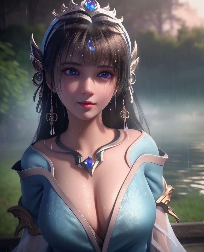 <lora:568-DA-星辰变-姜妍:0.8>(,1girl, ,best quality, ),looking at viewer,  ,,ultra detailed background,ultra detailed background,ultra realistic 8k cg,  ,masterpiece, (( , )), ultra realistic 8k cg, ,   crying with eyes open,    ,eyelashes,magic,hydrokinesis,sweat, wet, rain, ,       (cleavage), (),