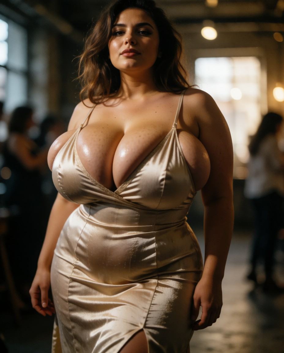 A full-figured woman with a curvaceous silhouette stands in a sultry pose,  wearing a barely-there,  tight-fitting dress m...