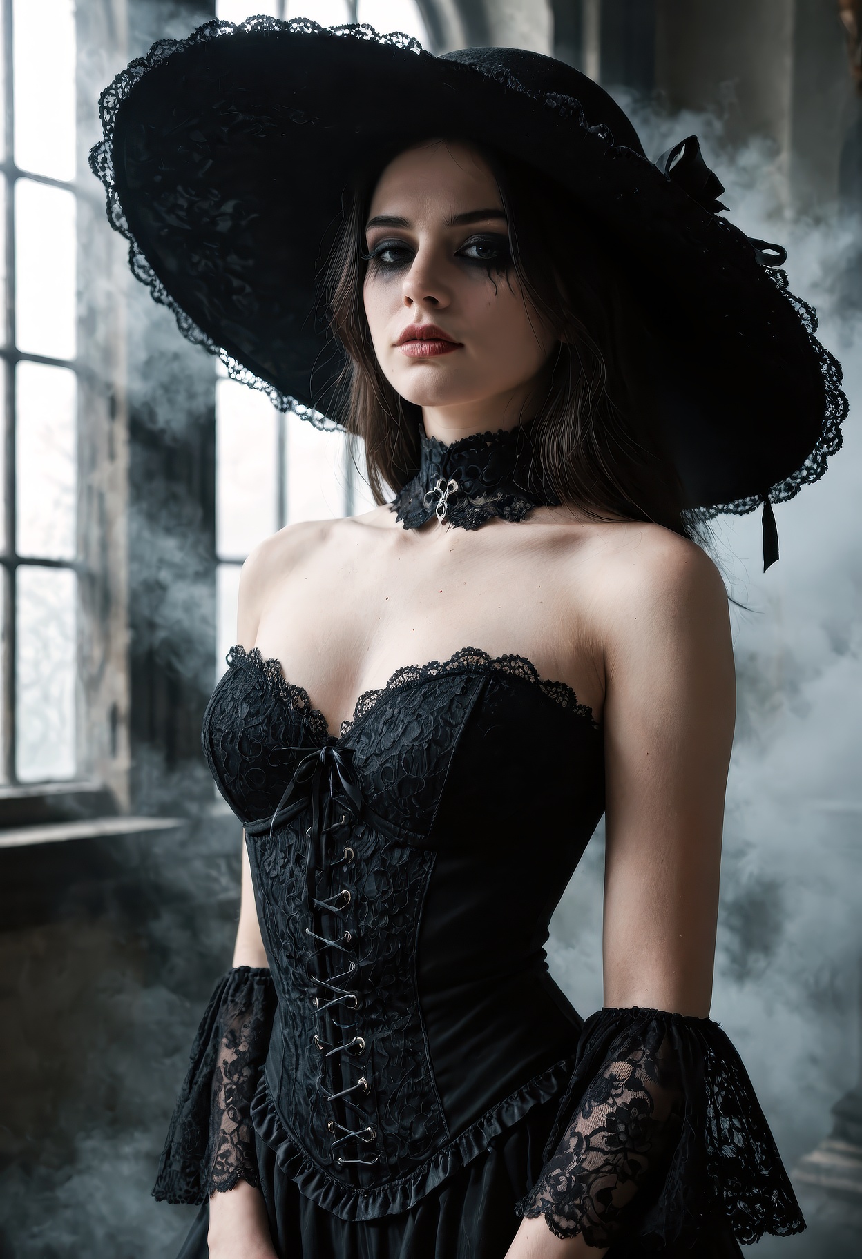 photorealistic high resolution upper body portrait of a ghostly woman in a tattered Victorian black dress with lace trim a...