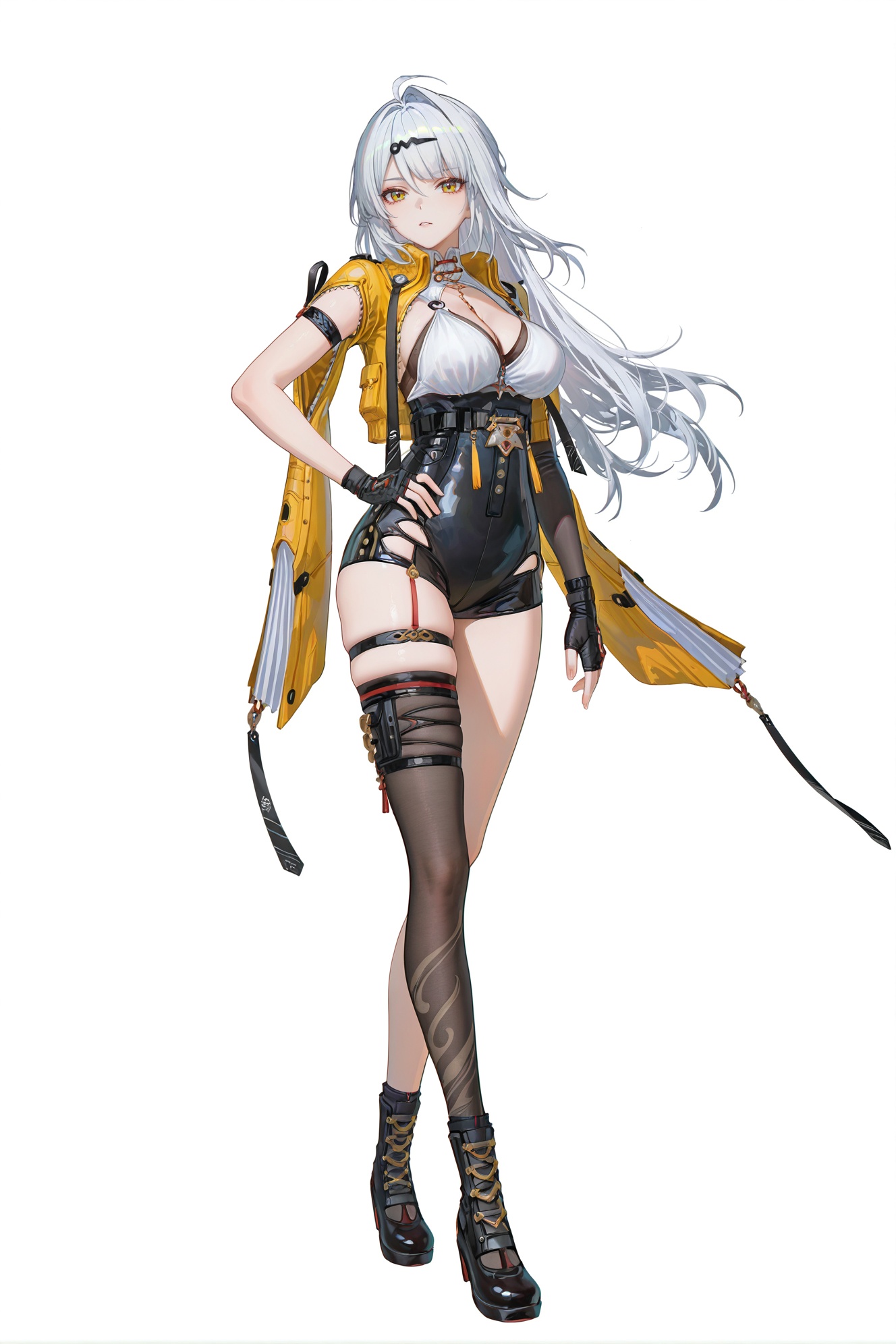 8k,best quality,masterpiece,(ultra-detailed),(high detailed skin),((artist:reoen),(artist:fuzichoco),(artist:atdan),(artist:torino_aqua),year 2024:0.8)1girl,[artist:wlop],[artist:ningen_mame],artist:ciloranko,[[artist:rhasta]],artist:tidsean,colorful,jijia,2d,ambient light,full body,full shot,standing,looking at viewer,(solo:1.2),simple background,(white background:1.2),hand on own hip,(white background:1.1),<lora:yixuan-ill-Tanger:0.9>,yixuan \(Zenless Zone Zero\),clothes: yx def combat bodysuit,open yellow jacket,1girl,long hair,asymmetrical fingerless gloves,yellow eyes,breasts,single thighhigh,black gloves,cleavage,bangs,white chest clothe