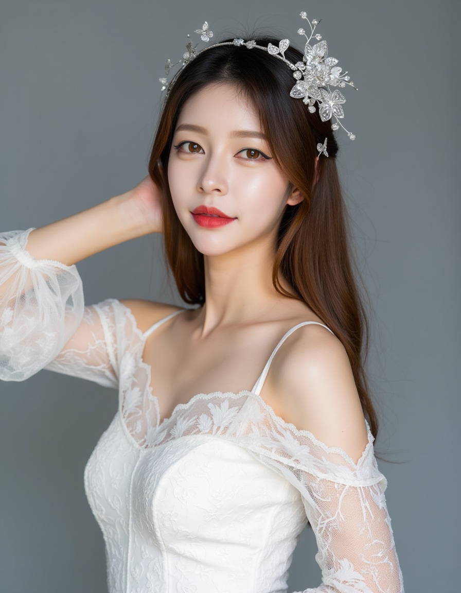 This is a photograph of a young Asian woman with fair skin and long, straight brown hair. She is wearing a white lace dress with intricate floral patterns. Her makeup is bold, featuring red lipstick and dark eye makeup. A delicate, silver headpiece with floral and butterfly motifs adorns her head. She stands against a gradient gray background, with one arm raised, touching her hair. The overall aesthetic is ethereal and elegant, emphasizing her soft features and the texture of the lace fabric.