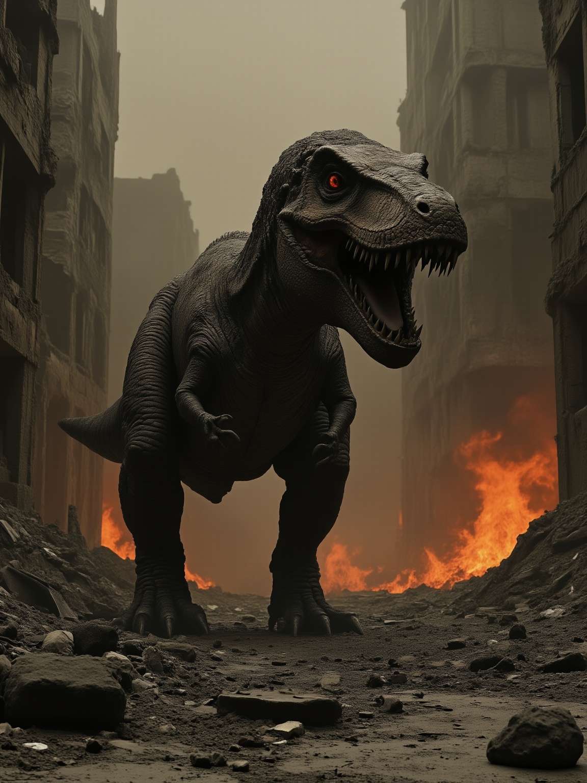<lora:dark8:0.8>,dark,1 giant tyrannosaurus rex walks in the burning ruins of the city,scary doomsday scenes,