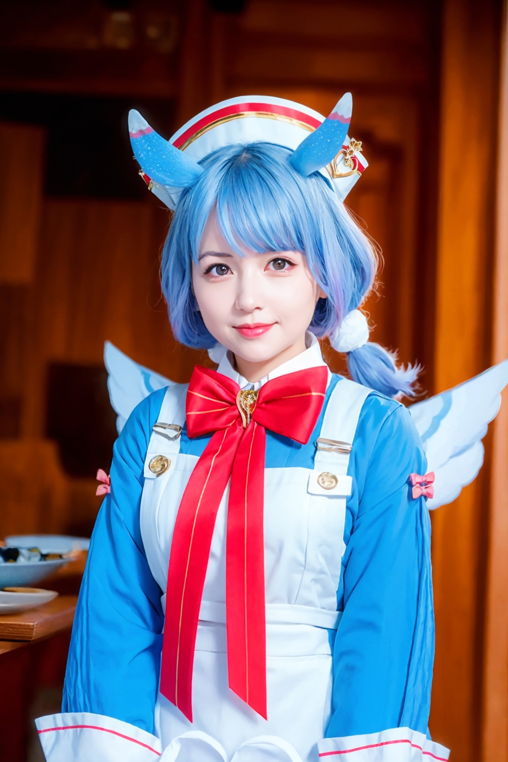 masterpiece, best quality,(photoshop \(medium\):1.6),light smile, <lora:sigewinne-v2:1>,25yo,(mature female:1.6),large breasts,  upper body, sigewinne \(genshin impact\), red bow,blue bow,1girl,animal ears,blue hair,red eyes,white hair,multicolored hair,bangs,hat,low twintails,red eyes,blue dress,long sleeves,white apron,upper body,bowtie, bow,wings,shorts,