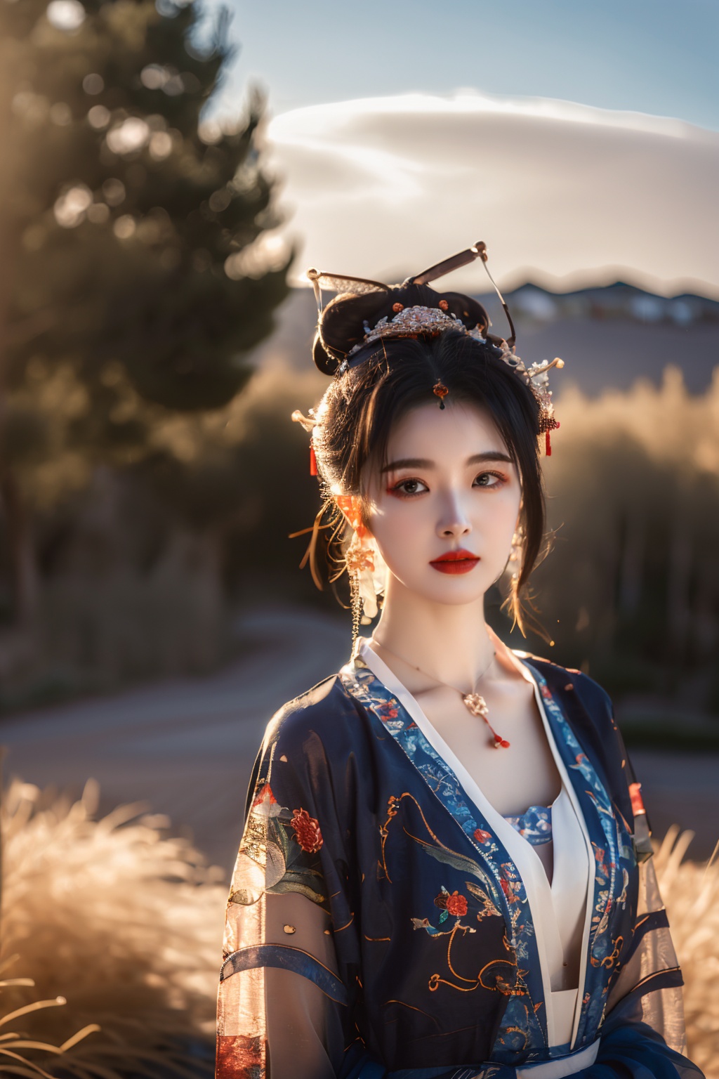 masterpiece, best quality, realistic, 1girl, gufeng style, solo, looking at viewer, black hair, hair ornament, jewelry, earrings, necklace, hair bun, blurry, lips, chinese clothes, cowboy shot, realistic, red lips, outdoors, day, sky, cloud, tree  <lora:Tensorxy_Gufeng_BD_LoRA_v1:0.7> 