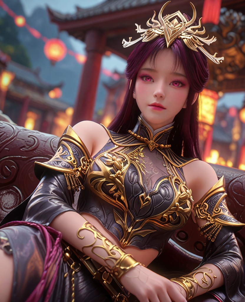 (oriental architecture, elegant decor, sophisticated style:1.1),(sunbathing:1.1),(breasts:1.2),<lora:XL百炼成神毒血夫人:0.95>,miss duxuefuren,hair ornament,long hair,purple hair,breastplate,skirt,pink eyes,jewelry,teeth,bare shoulders,breasts,detached sleeves,necklace,, zPDXL2, score_9, score_8_up, score_7_up BREAK realistic, masterpiece,best quality, highly detailed,, zPDXL3, zPDXL2,zPDXL, zPDXLxxx, zPDXLrl,