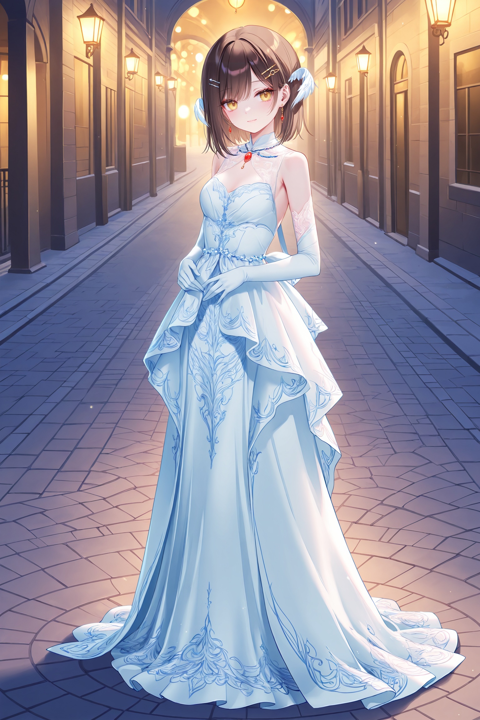 masterpiece,best quality,newest,absurdres,highres,soft shadows,year2024,(chen bin:0.7),(hiten \(hitenkei\):0.4),(rimuu:0.5),(mignon:0.5),(sheya:0.6),<lora:akikoXLNAI:1>,ensemble style,akiko(ensemble),1girl,yellow eyes,brown hair,short hair,hairclip,light smile,<lora:nightowlXLNAI:1>,nightowl,white dress,long dress,jewelry,hair ornament,elbow gloves,outdoors,street,road,full body,from side