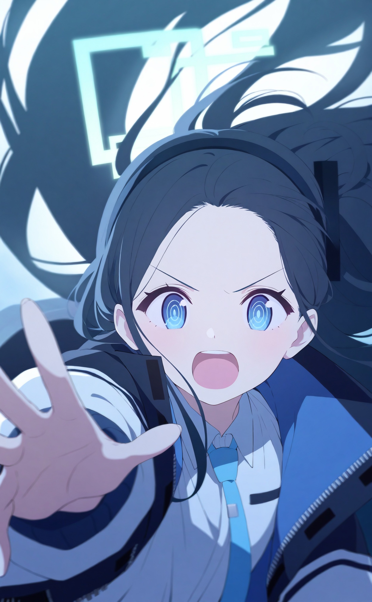masterpiece,best quality,high quality,loli,1girl, aris (blue archive), solo, ringed eyes, blue eyes, blue necktie, shirt, open mouth, necktie, black hair, long hair, white shirt, collared shirt, jacket, looking at viewer, halo, upper teeth only, forehead, teeth, v-shaped eyebrows, floating hair, very long hair, black hairband, hairband, long sleeves, open clothes, open jacket, outstretched arm, @_@, absurdly long hair, blue theme, blurry, portrait,<lora:BA3——【Illustrious】hans:0.88>,