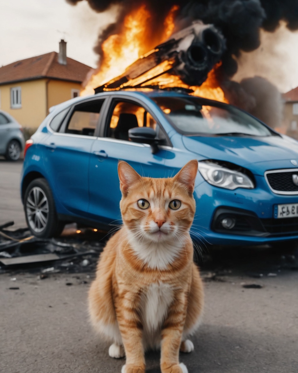 portrait of a surprised cat,  car explosion in the background,  High detailed RAW color Photo on Tensor.Art