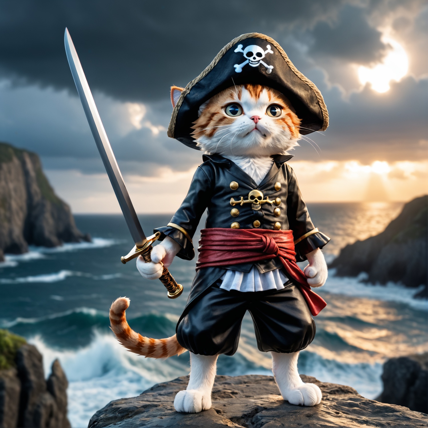a cute cat pirat one piece outfit wearing a staw hat he is raising his saber and is standing on a cliff and is looking dow...