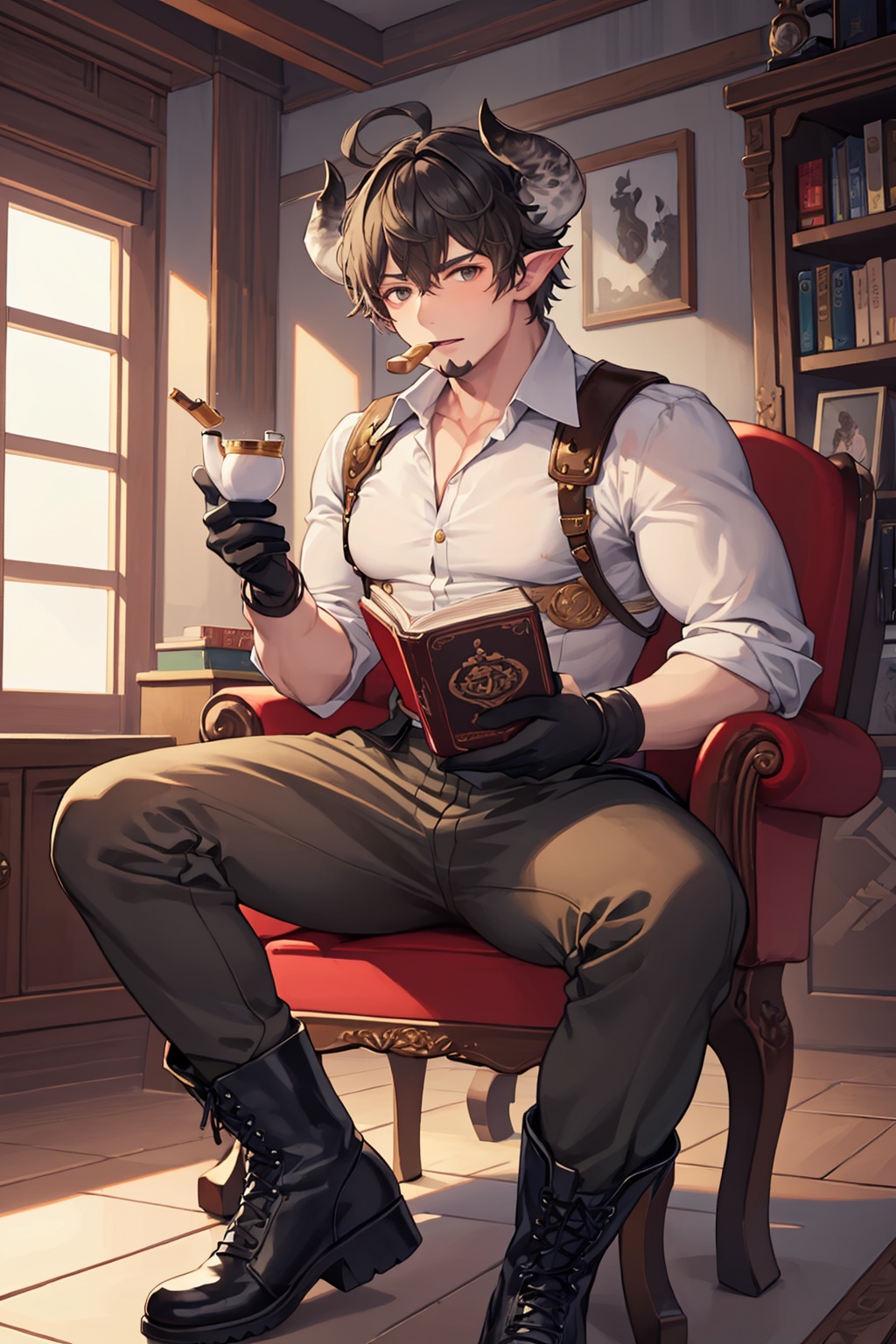 masterpiece,best quality, highly detailed, barawa,1boy, horns, draph, muscular male, solo, smoking pipe, bara, goatee, sitting, gloves, mature male, large pectorals, book, boots, white shirt,<lora:barawa:1>
