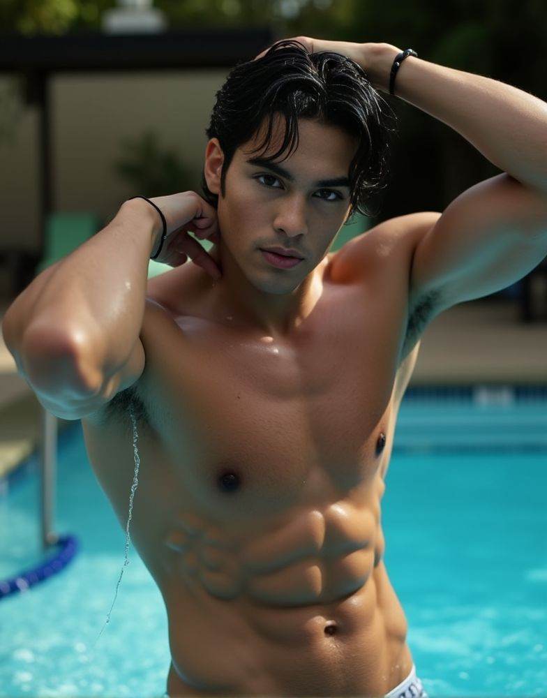 kirk bondad ,  emerging from a swimming pool. water dripping from his sculpted body. brushing his wet hair back with one h...