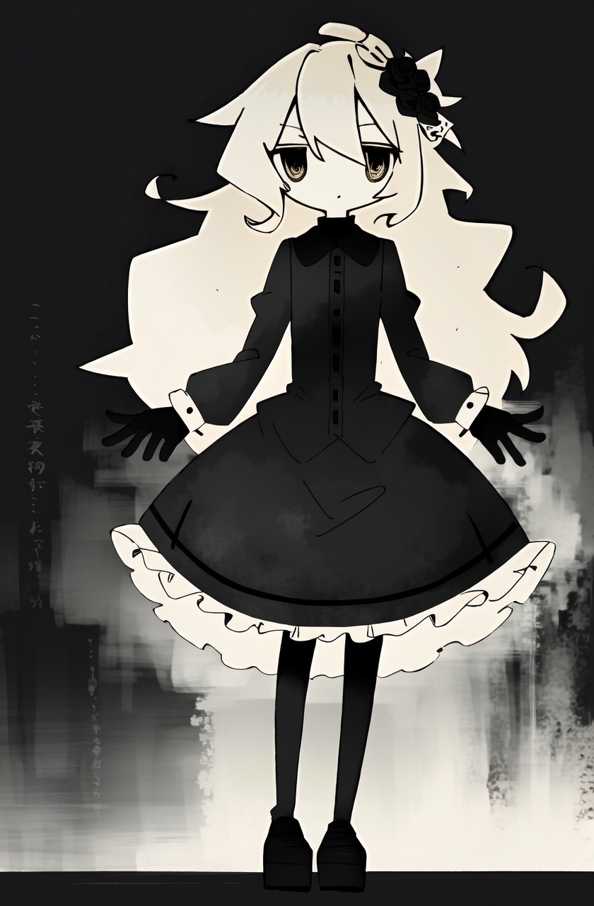 masterpiece,best quality,absurdres,1girl,solo,blonde hair,gloves,hair flower,long sleeves,black dress,gothic lolita,black background,full body,ringed eyes,standing,floral print,spot color,