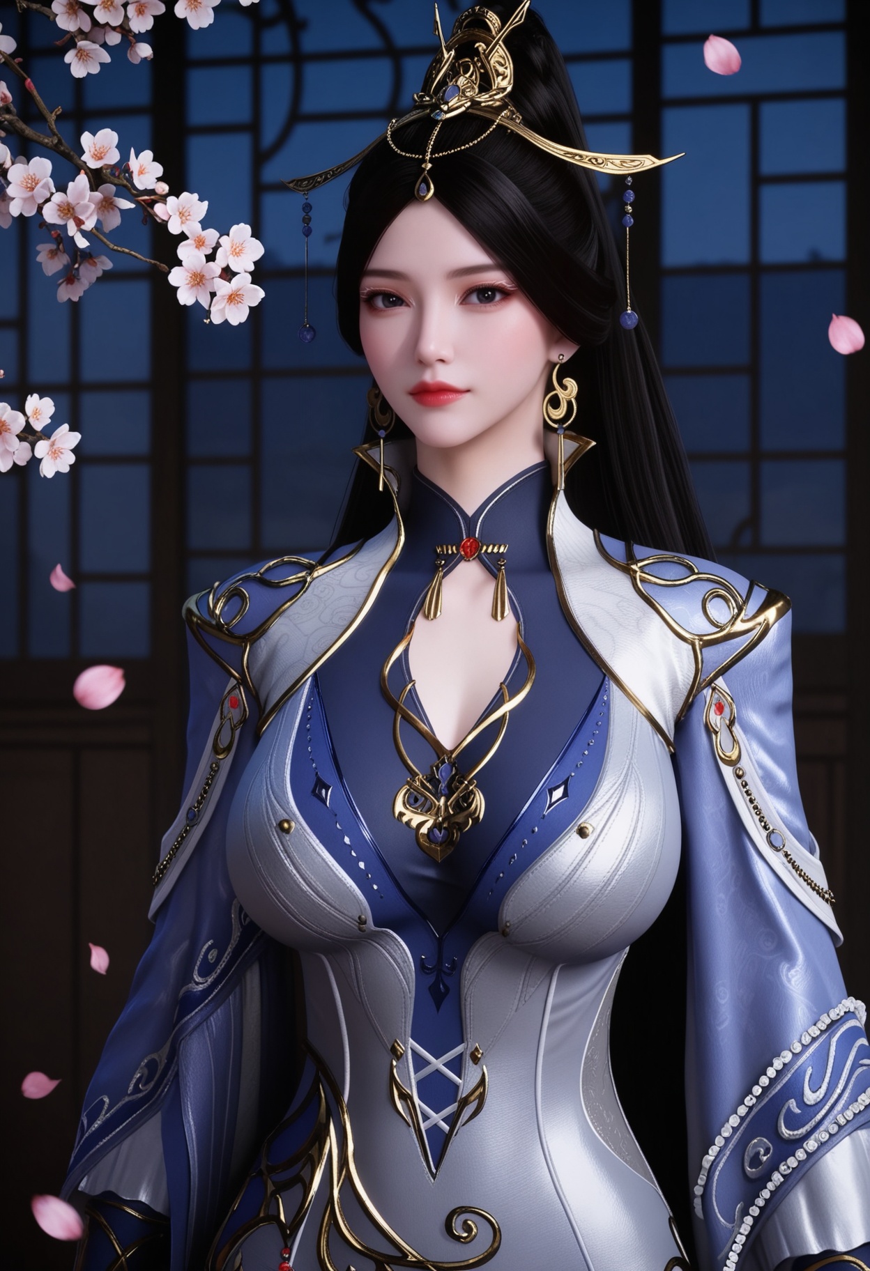 (upper_body:1.2),(gigantic breasts:0.6),Perky boobs,(looking at viewer:1.1),facing viewer,direct gaze,(masterpiece:1.1),(best quality:1.2),(intricate details),(smog:1.3),(Dark room:1.3),(dim lighting:1.3),peach blossom,falling petals,<lora:YQ_Illustrious光辉v5_秋清儿_V1:0.8>,1girl,q1528437228,solo,black hair,jewelry,earrings,long hair,hair ornament,ponytail,dress,gloves,chinese clothes,bodysuit,black eyes,cape,high heels,pantyhose,masterpiece,(best quality),(intricate details:0.9) BREAK (intricate details:0.9),(realistic skin:1.2),masterpiece,best quality,newest,absurdres,hiahres,