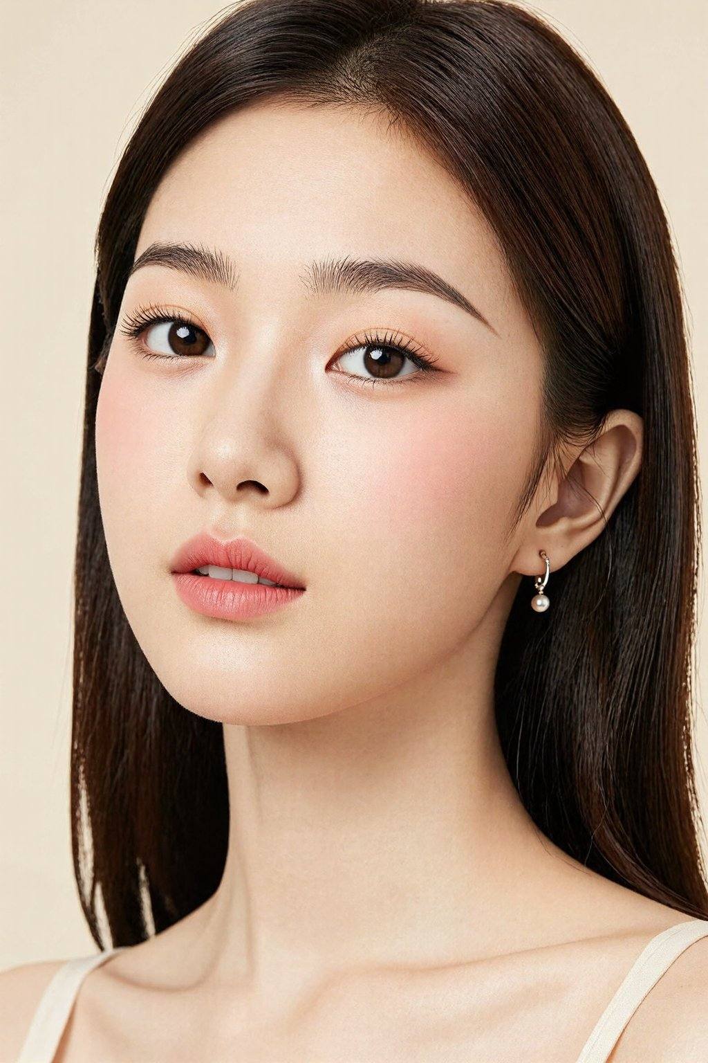 The image is a high-resolution photograph of an Asian woman taken close-up,  focusing on her face. The subject has smooth,...