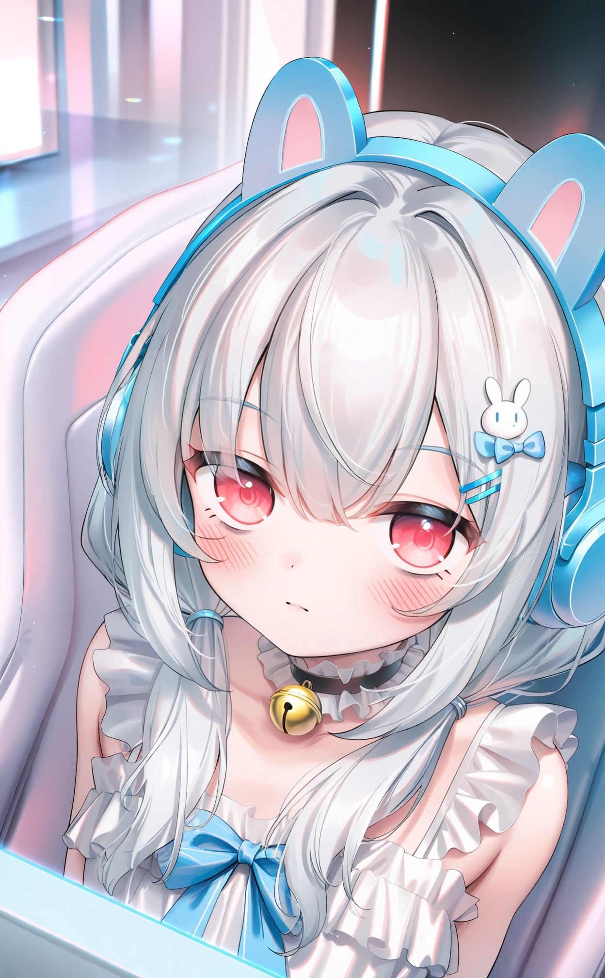 masterpiece,absurdres,best quality,high quality,chromatic_aberration,//,1girl,solo,fake_animal_ears,animal_ear_headphones,headphones,animal_ears,swivel_chair,red_eyes,twintails,long_hair,closed_mouth,bell,low_twintails,hair_bow,looking_at_viewer,hair_ornament,frills,office_chair,blush,white_dress,rabbit_hair_ornament,on_chair,bow,hairclip,white_hair,blue_bow,rabbit_ears,gaming_chair,jingle_bell,sleeveless,choker,chair,sitting,neck_bell,collarbone,hair_over_shoulder,x_hair_ornament,hair_between_eyes,sleeveless_dress,bare_shoulders,dress,black_choker,indoors,frilled_dress,grey_hair,upper_body,mouse_\(computer\),monitor,frilled_choker,bags_under_eyes,white_bow,hair_intakes,//,//,<lora:鬼针草—【CKXL】hans:1>,