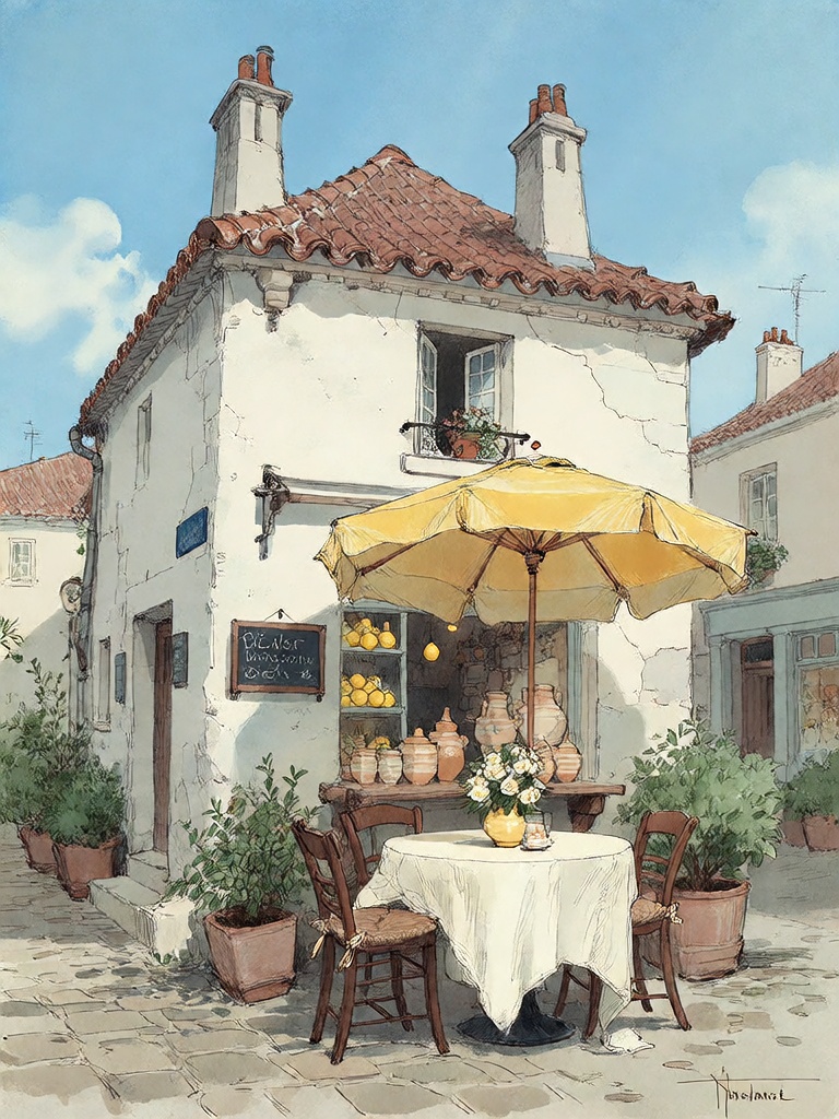 Bradhamel art style. A charming sunlit street corner café in a rustic European town,  featuring a weathered white stone bu...