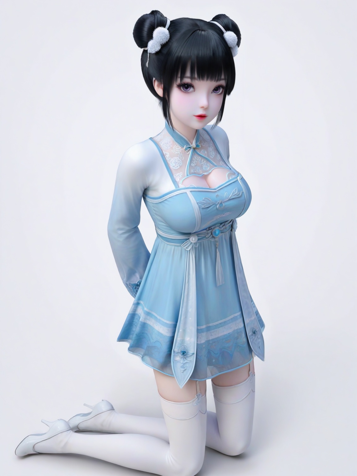 score_9,1girl,solo, hair ornament,dress,hair bun,double bun,breasts,large breasts,dress,lipstick,eyelashes,bangs,long sleeves, black hair,looking at viewer,white background,simple background,full body,white boot,white thighhighs,<lora:SF_RuoXi_Pony_Realism2.3-000004:0.72>,