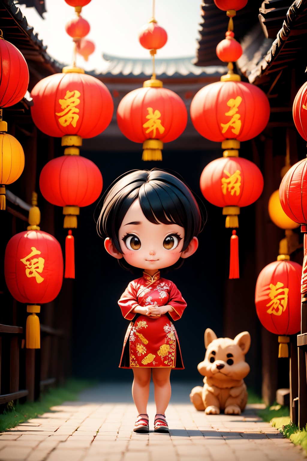 <lora:ChineseNewYear:0.8>, chinese new year, girl, (smirk:-0.4), short hair, arms at sides, red chinese clothes, paper lantern, full body, leather shoes, (chibi:0.5),