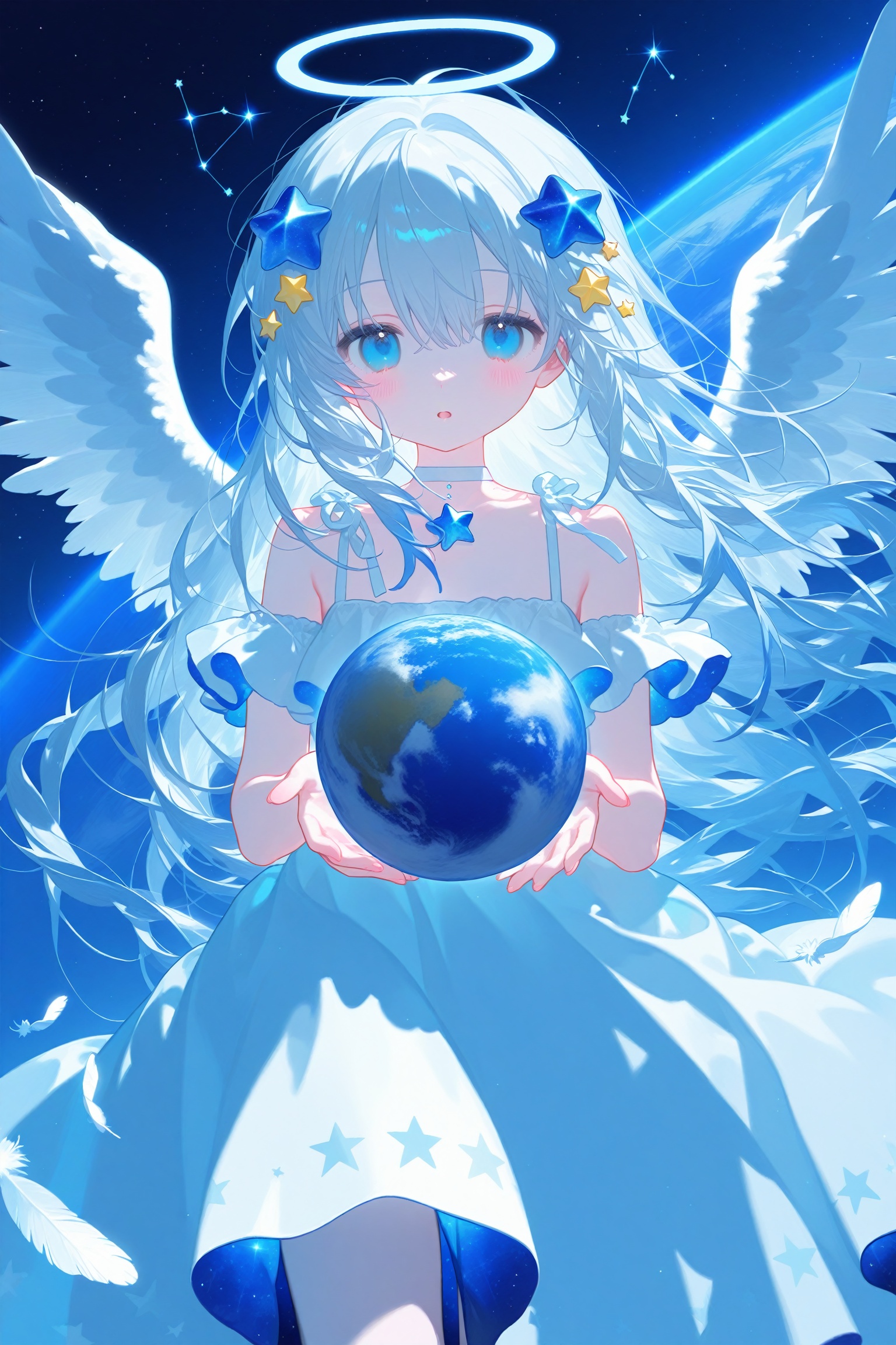 konya666,1girl, angel, angel_wings, blue_eyes, blue_flower, constellation, crescent, cross, dress, feathered_wings, flower, hair_between_eyes, hair_ornament, halo, long_hair, looking_at_viewer, planet, solo, star_\(sky\), star_\(symbol\), star_hair_ornament, star_print, starfish, starry_background, starry_sky, very_long_hair, white_feathers, white_hair, white_wings, wings