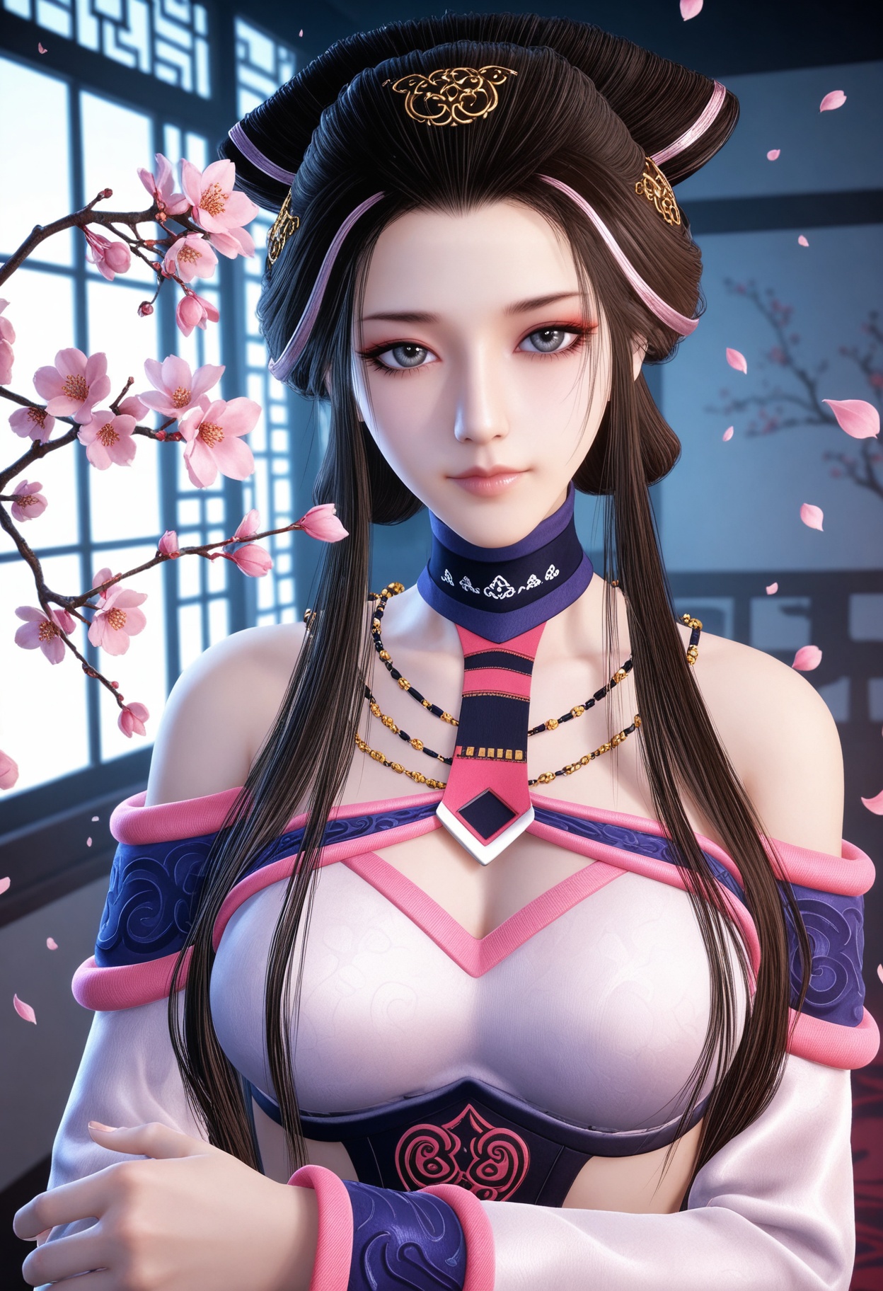 (upper_body:1.2),(looking at viewer:1.1),masterpiece,(best quality),smog,Dark room,dim lighting,peach blossom,falling petals,<lora:YQ_Illustrious光辉v5_湘夫人_V1:0.8>,q1528437228,1girl,solo,long hair,black hair,jewelry,bare shoulders,necklace,hair ornament,brown hair,dress,sidelocks,wide sleeves,long sleeves,choker,hair bun,brown eyes,detached sleeves,grey eyes,blue eyes,