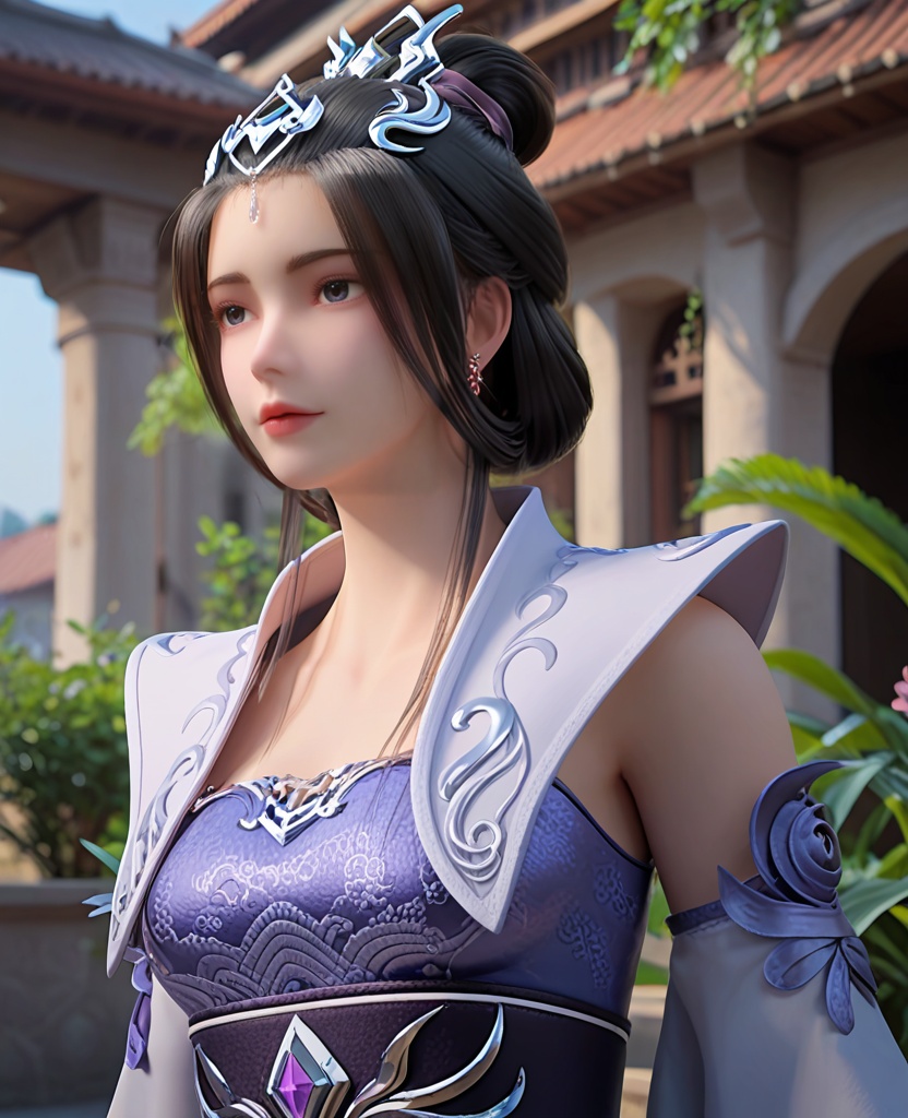 (oriental architecture, elegant decor, sophisticated style:1.1),Looking down, hands on the hips,,(breasts:1.2),<lora:XL完美世界云梦岚>,miss yunmenglan,solo,blue dress,white vest,blue eyes,hair ornament,black hair,hanging hair,hair bun,earrings,sash,detached sleeves,lips,clothing patterns,, zPDXL2, score_9, score_8_up, score_7_up BREAK realistic, masterpiece,best quality, highly detailed,, zPDXL3, zPDXL2,zPDXL, zPDXLxxx, zPDXLrl,