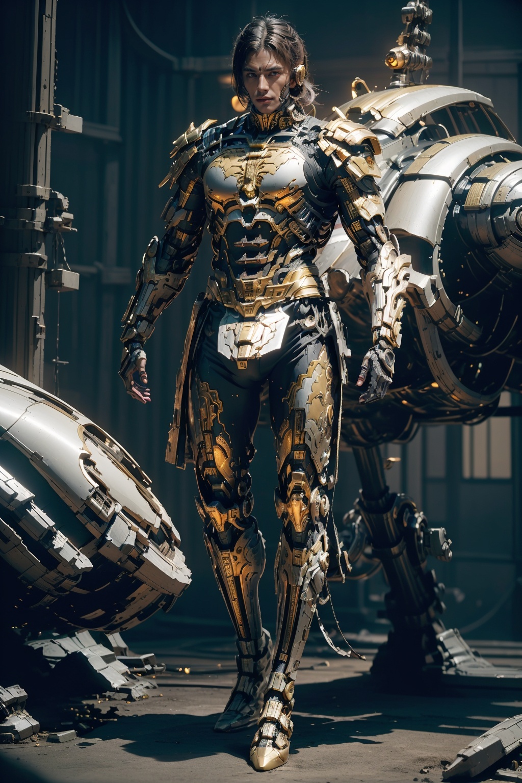 hjyjiazhourbt,angel in aztec style armor,mecha,holographic,walking,(sci-fi background:1.3),biomechanical,(looking at viewer),dynamic pose,dynamic angle,(chinese armor:1.4),gold.shining sparks,hi - tech synthetic bio ethereal metal and black titanium material,masterpiece,best quality,(highly detailed),1boy,gold hair,cyborg,(full body:1.2),day light,((bright light)),wide angle,sleek,studio light,<lora:hjyjiazhouRBTcropface-000002:0.8>,