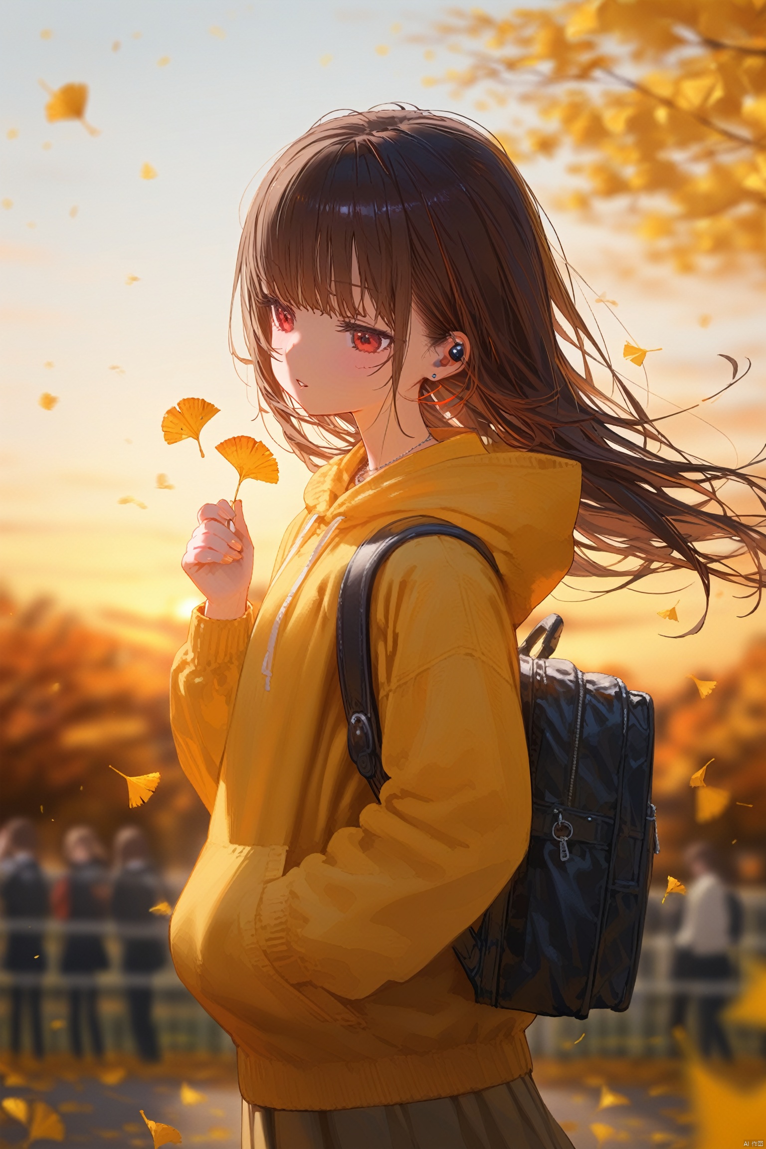 1girl, solo, best quality, orange theme, blurry background, falling leaves, holding leaf, parted lips, red eyes, long hair, brown hair, bangs, shirt, yellow hoodie, hood down, long sleeves, shoulder bag, backpack, necklace, school bag, outdoors, earbuds, fence, hand in pocket, tree, autumn leaves, drawstring, blurry foreground, depth of field, sunset, ginkgo leaf, orange sky, maple leaf, motion blur, fire