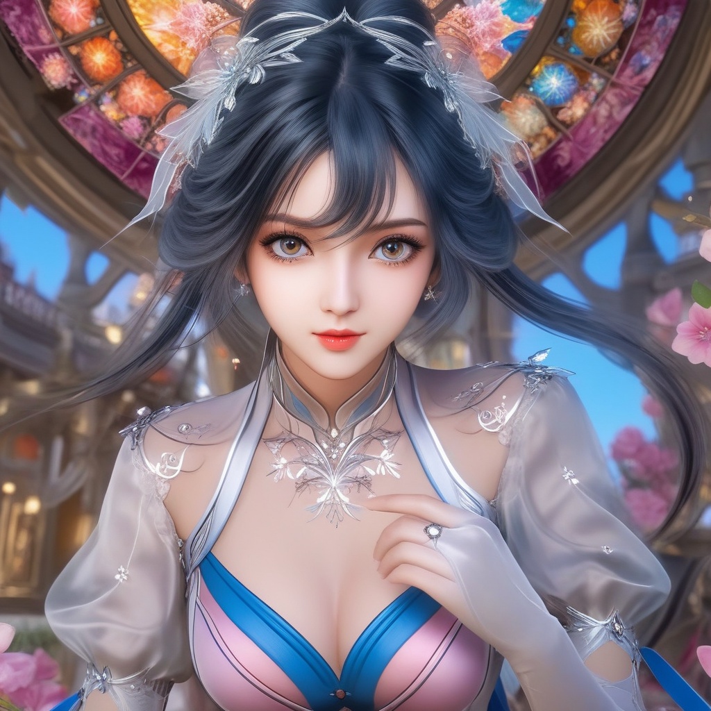 <lora:707-DA-XL-斗罗大陆-唐舞桐:0.8>(,1girl, ,best quality, ),looking at viewer,,anime,(masterpiece, top quality, best quality, official art, beautiful and aesthetic:1.2), (1girl)	, , (cleavage),extreme detailed,(fractal art:1.3),colorful, flowers ,highest detailed,()    (cleavage), (), 