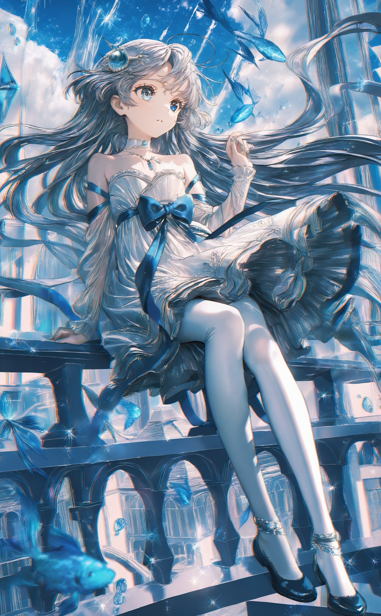 masterpiece,absurdres,best quality,petite,high quality,//,white_pantyhose,1girl,solo,dress,long_hair,blue_eyes,white_dress,sitting,bow,grey_hair,strapless_dress,chromatic_aberration,bare_shoulders,full_body,strapless,blue_bow,very_long_hair,sky,blue_ribbon,floating_hair,detached_sleeves,shoes,jewelry,hair_ornament,ribbon,choker,fish,on_railing,black_footwear,long_sleeves,outdoors,looking_afar,white_choker,looking_to_the_side,necklace,pantyhose,anklet,cloud,closed_mouth,frills,blue_sky,blue_nails,sparkle,blue_theme,hand_up,blurry,parted_lips,glint,frilled_dress,blue_footwear,collarbone,blue_gemstone,heterochromia,see-through,ice,wind,expressionless,building,off-shoulder_dress,layered_dress,water_drop,tower,cloudy_sky,flying_fish,waist_bow,flats,//,<lora:ssxd——【noob】hans:1>,