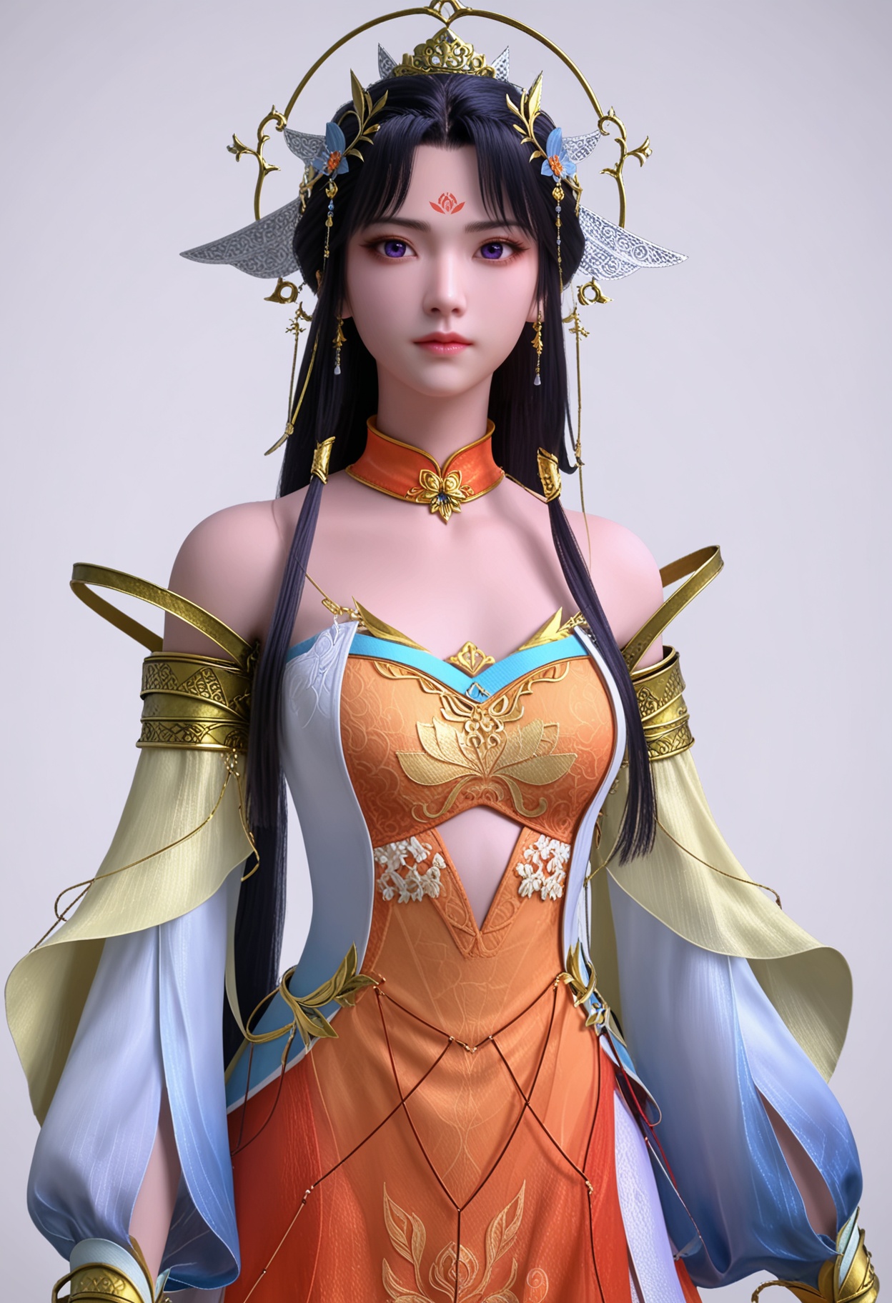 score_9,high detail,best quality,shiny skin,shiny,miaomiao,1girl,solo,purple eyes,black hair,hair ornament,long hair,dress,bare shoulders,white background,jewelry,detached sleeves,forehead mark,closed mouth,detached collar,simple background,earrings,orange dress,realistic,long sleeves,expressionless,bracelet,looking at viewer,thighs,<lora:QQSponymiaomiaoV1:0.8>,<lora:Pony_DetailV2.0:0.8>,<lora:皮肤凹痕:0.1>,