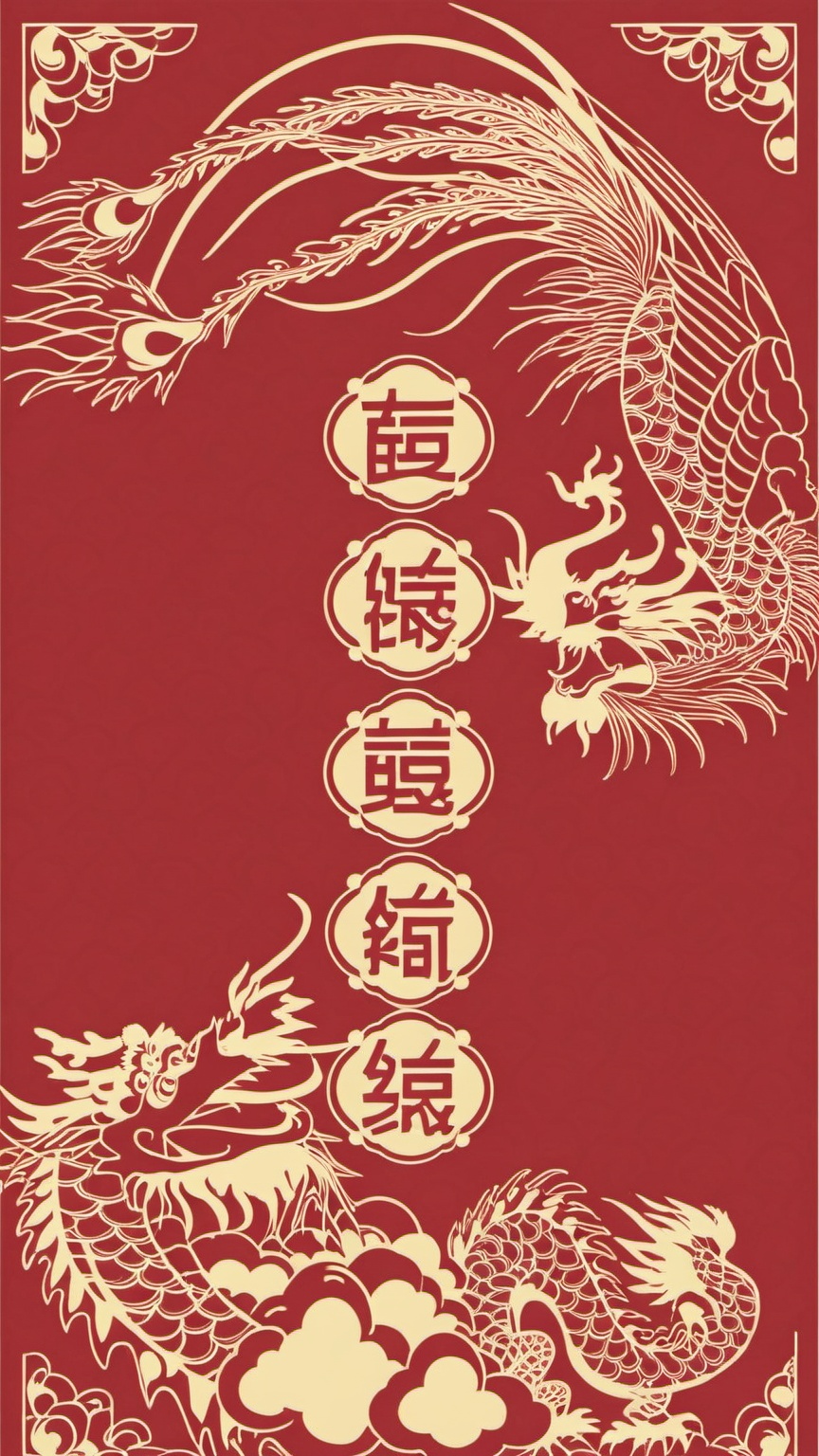 hongbao,A traditional Chinese New Year card flaunts a deep red backdrop with a fancy design of a peacock and a dragon,both in gold. The peacock struts its stuff on the top left,while the dragon hangs out on the bottom right. A vertical list of Chinese characters and the year "2016" sit in the center.,,<lora:hongbao_v1-000012:1>
