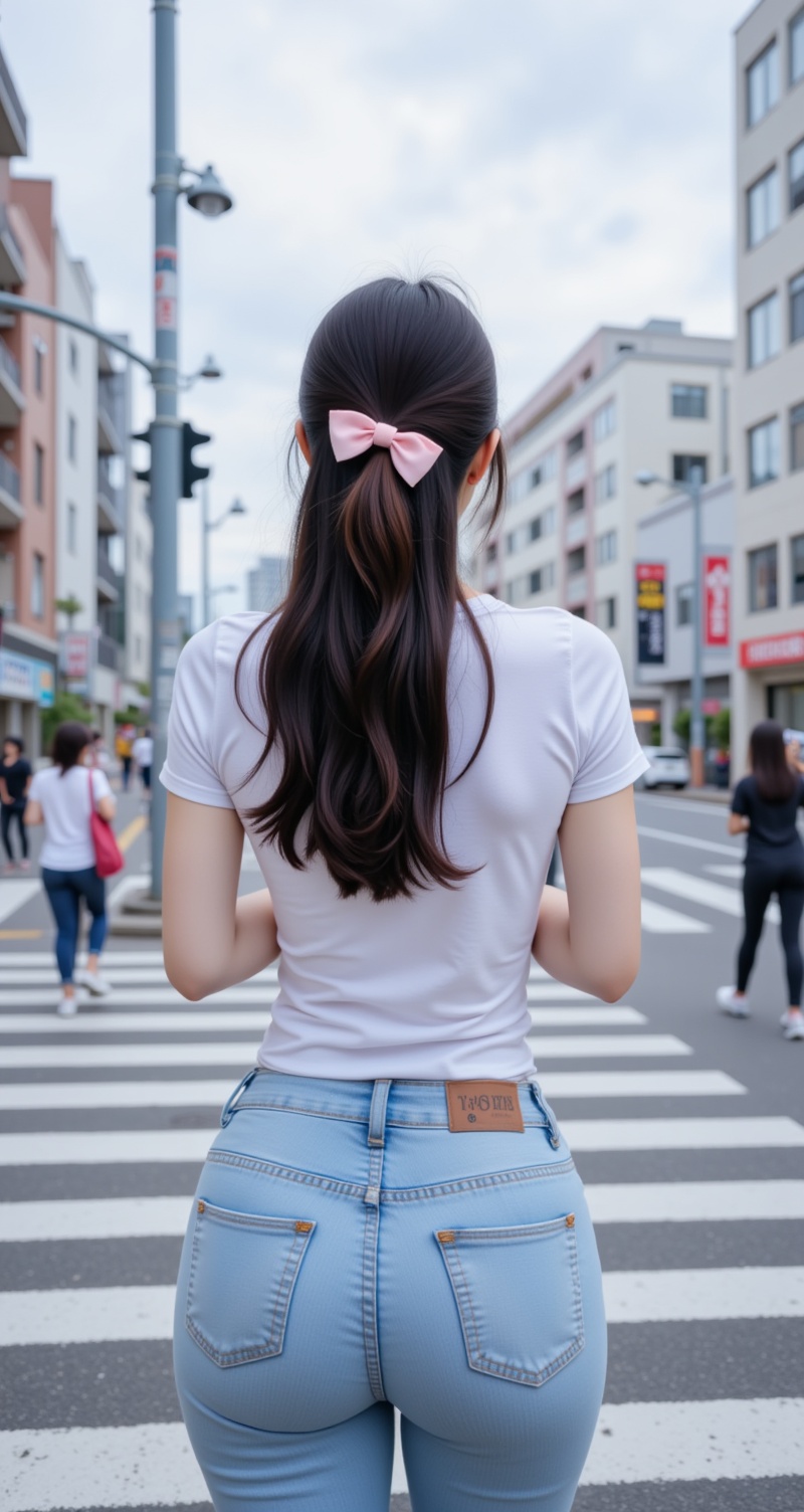 <lora:背影杀4:1>,beiyingsha,long hair,pants,denim,jeans,outdoors,from behind,shirt,ass,short sleeves,facing away,white shirt,blurry,street,bow,pink bow,hair bow,1girl,solo focus,road,day,blurry background,black hair,crosswalk,depth of field,cowboy shot,standing,half updo,city,building,tokyo \(city\),brown hair,t-shirt,braid,lamppost,walking,sky,phone,1,cover,simple background,gradient background,close-up details,outstanding style,adding a touch of dimension to your images without compromising details,close-up,<lora:DJ滤镜_2.5D版:0.3>,lvjing,