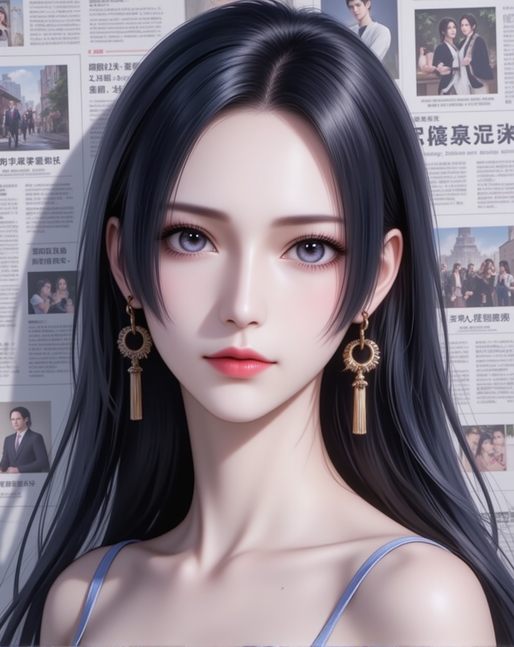 <lora:柳二龙·百搭款6:1.2>,liuerlong,1girl,solo,long hair,looking at viewer,black hair,jewelry,earrings,red lips,lips,black eyes,cover,gradient background,close-up details,outstanding style,adding a touch of dimension to your images without compromising details,close-up,<lora:DJ滤镜_2.5D版:0.4>,lvjing,<lora:油画唯美滤镜15:0.2>,baoshi,<lora:报纸背景·5:0.4>,baozhi,paper,newspaper,the newspaper wall,newspaper background,