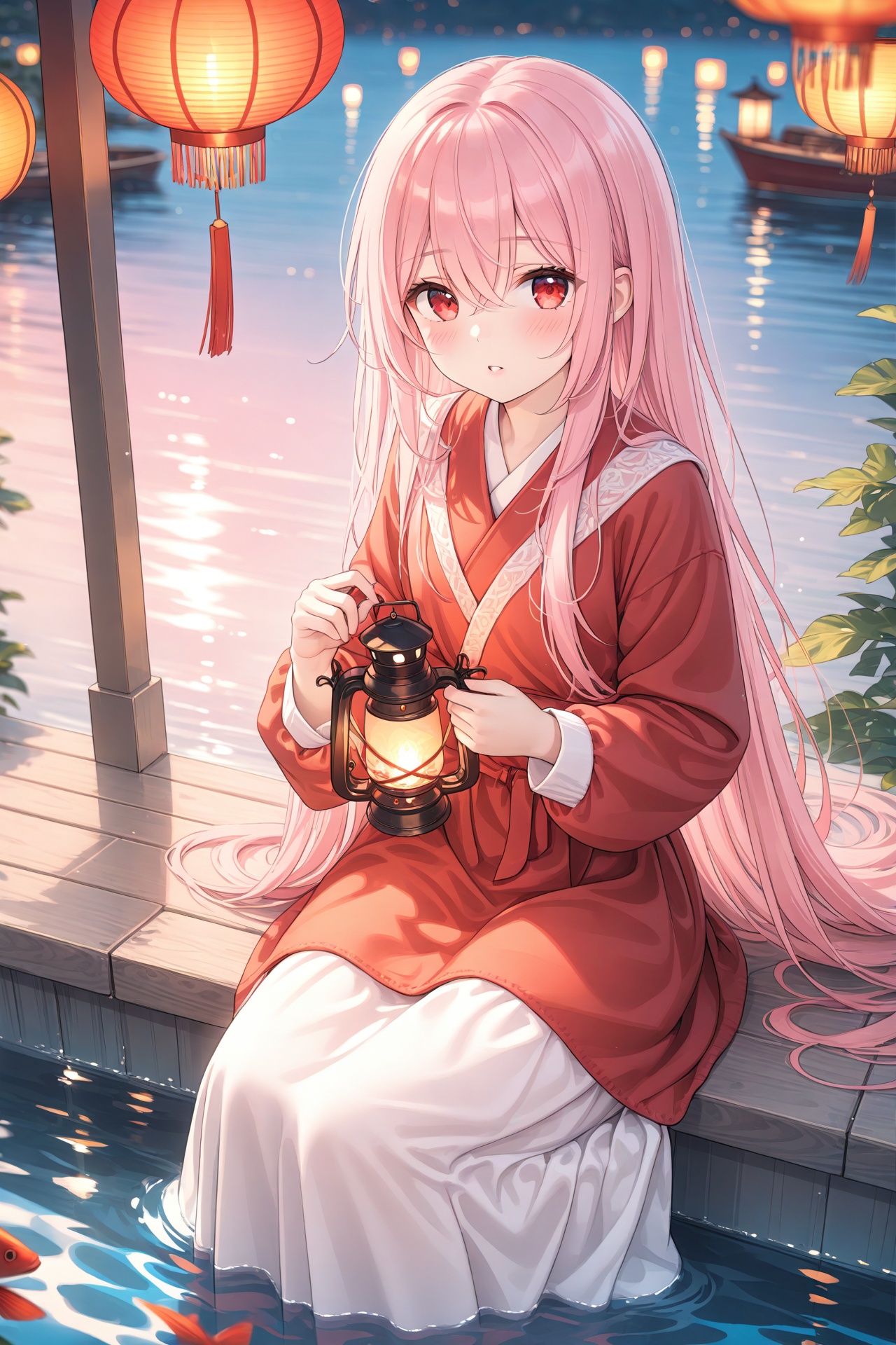 (masterpiece), (best quality), illustration, ultra detailed, hdr, Depth of field, (colorful),1girl, lantern, solo, long hair, pink hair, water, looking at viewer, holding, parted lips, bangs, very long hair, red eyes, long sleeves, holding lantern, sitting, blush, hair between eyes, fish