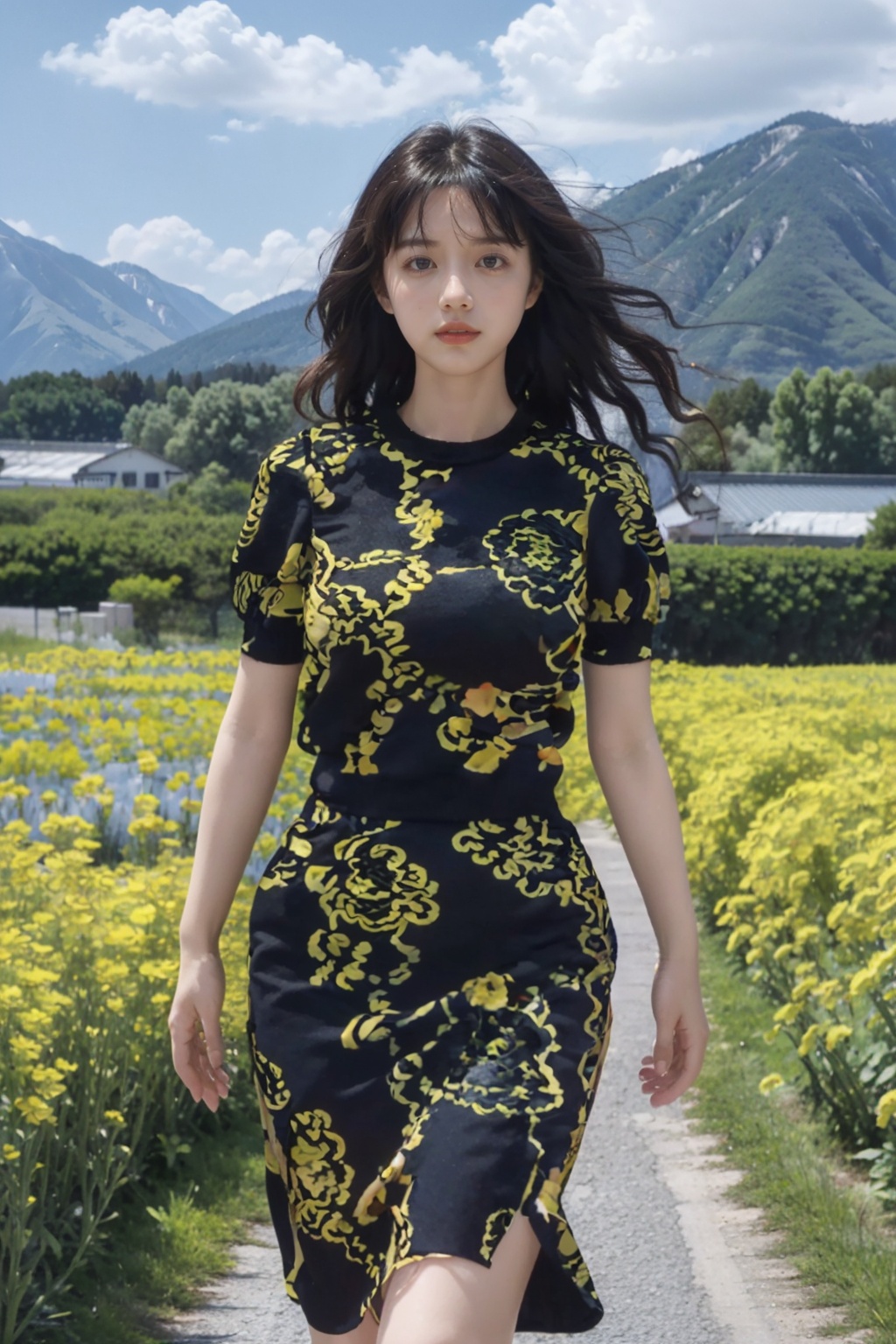 Realistic,masterpiece,best quality,8K,HDR,RAW,1girl,((solo)),(Spring scenery, mountains in the distance, beautiful clouds, rape flower fields),(standing),large breasts,Looking at the audience,<lora:add_detail:0.6>,<lora:GoodHands-beta2:1>,<lora:ENNE 黑底印花连衣裙_v10:1>,china dress,short sleeves,black dress,printed dress,