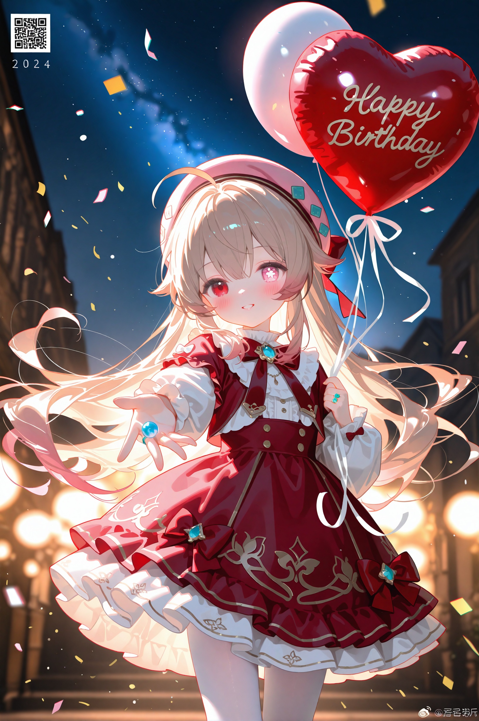 masterpiece,best quality,high quality,loli,chromatic_aberration,//1girl,red headwear,solo,dress,smile,balloon,bow,hat,long hair,beret,red dress,reaching,bowtie,pink eyes,ahoge,red bow,looking at viewer,star (symbol),reaching towards viewer,watermark,long sleeves,frills,streamers,confetti,red bowtie,candy,red eyes,ok sign,hair between eyes,ribbon,blue ribbon,sparkle,food,feet out of frame,english text,sample watermark,outstretched hand,frilled dress,star (sky),holding,frilled sleeves,outstretched arm,heterochromia,blonde hair,weibo username,brooch,sidelocks,pink hair,frilled collar,jewelry,pantyhose,artist logo,puffy sleeves,hand over eye,rose,star ornament,flower,heart balloon,symbol in eye,light brown hair,chromatic aberration,qr code,covering one eye,night,weibo logo,frilled shirt collar,holding balloon,flower in eye,blue bow,night sky,brown hair,shirt,chinese text,holding candy,artist name,candy cane,sky,pink headwear,happy birthday,gem,hat bow,light particles,blush,starry sky,open hand,anniversary,flower brooch,virtual youtuber,parted lips,center frills,white pantyhose,lolita fashion,ring,puffy long sleeves,blurry,heart,very long hair,oversized object,cowboy shot,blue bowtie,red skirt,red ribbon,gift,//,year_2023,year_2024,year_2025,official art,depth of field,detailed light,blurry background,cinematic lighting,ray tracing,amazing quality,very aesthetic,absurdres,beast quality,ultra detailed,god rays,backlighting,photo background,film grain,chromatic aberration,volumetric lighting,depth of field,blurry background,shiny skin,cinematic lighting,day,very aesthetic,