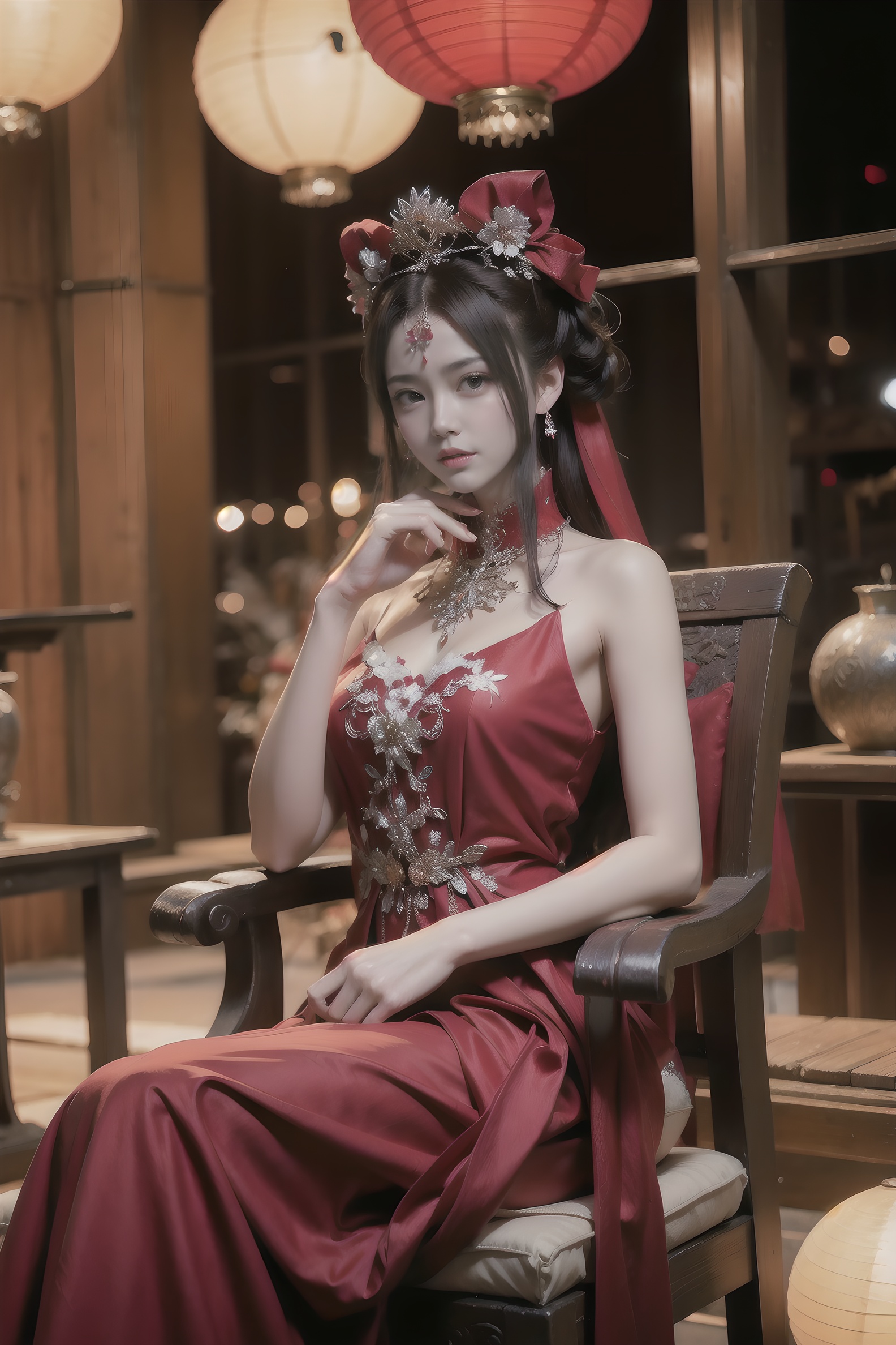a woman sitting in a chair with a lot of lights behind her and a lot of lanterns behind her,Chen Chun,classical painting,a painting,fantasy artbest quality,masterpiece,realistic,masterpiece,Highly detailed,extreme detail description, <lora:中式花嫁v1:0.8>,Red wedding dress, 