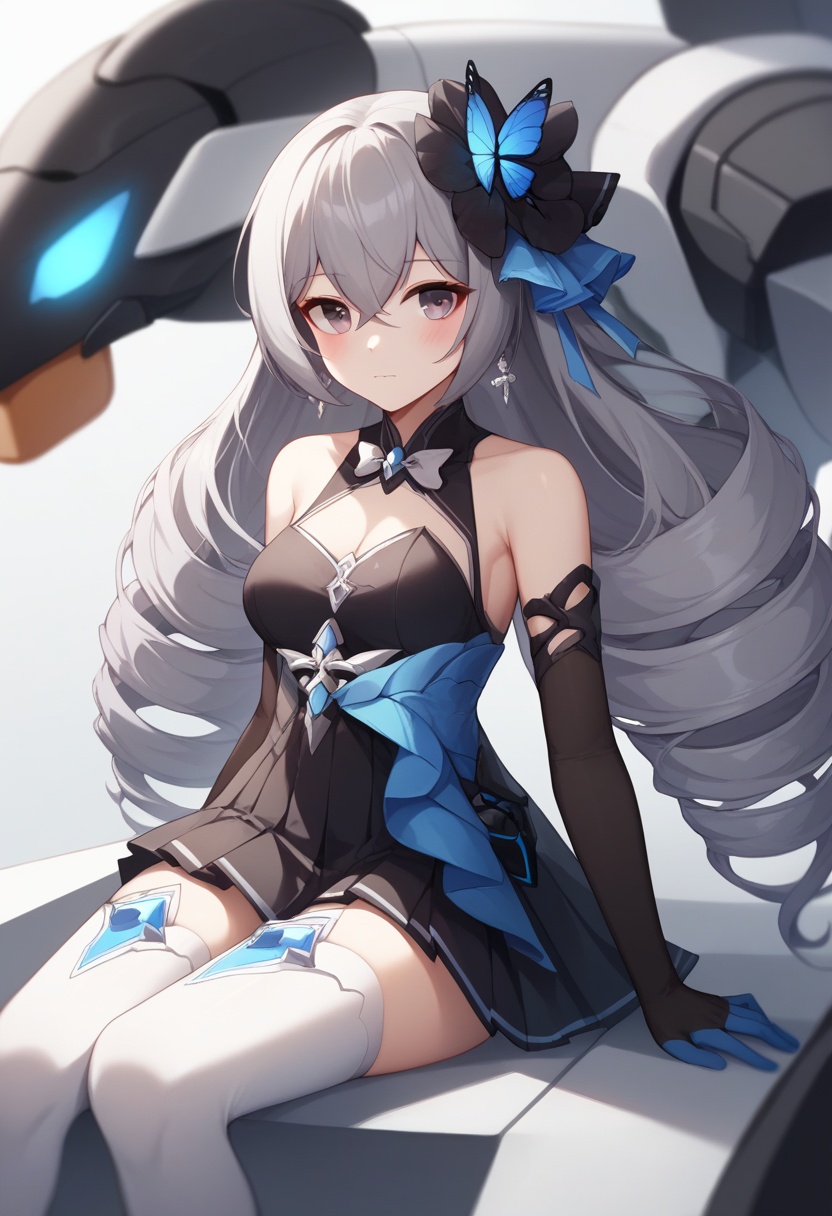 score_9,score_8_up,score_7_up,<lora:benghua3_pony:1>,1girl,bronya_zaychik_\(herrscher_of_reason\),solo,sitting,blush,grey_hair,very_long_hair,medium_breasts,cleavage,earrings,depth_of_field,highres,animal,bare_shoulders,black_dress,black_flower,black_gloves,blue_butterfly,blue_ribbon,blurry_background,closed_mouth,commentary_request,elbow_gloves,gem,glint,glowing_eye,hair_between_eyes,hair_flower,hair_ribbon,high_heel_boots,looking_at_viewer,mecha,photoshop_\(medium\),pleated_dress,project_bunny,purple_eyes,sleeveless_dress,thigh_boots,twin_drills,white_footwear,white_thighhighs,