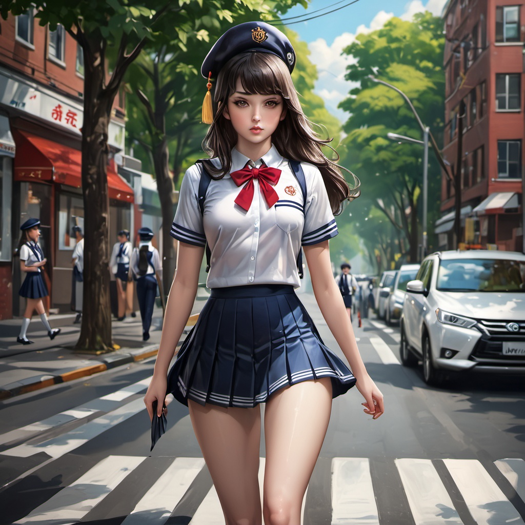 <lora:Artist - Sakimichan:1> Artist - Sakimichan,best quality,highly detailed,masterpiece,ultra-detailed,seifuku,hat,small breast,walk,Bare thigh,Walking down the street.