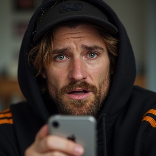 A man with fair skin and long blonde hair is looking directly at the viewer. He has a full beard,  A white male with short...