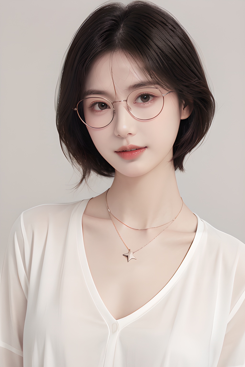 <lora:0804_01:0.7>,<lora:SDXLrender_v2.0:0.6>,(simple background:1.2),close up,face shot,a girl wearing a necklace,tilts her head slightly downward,1 girl,solo,necklace,white shirt,a gentle breeze ruffling her short hair,the necklace glinting in the sunlight,resembling a shining star