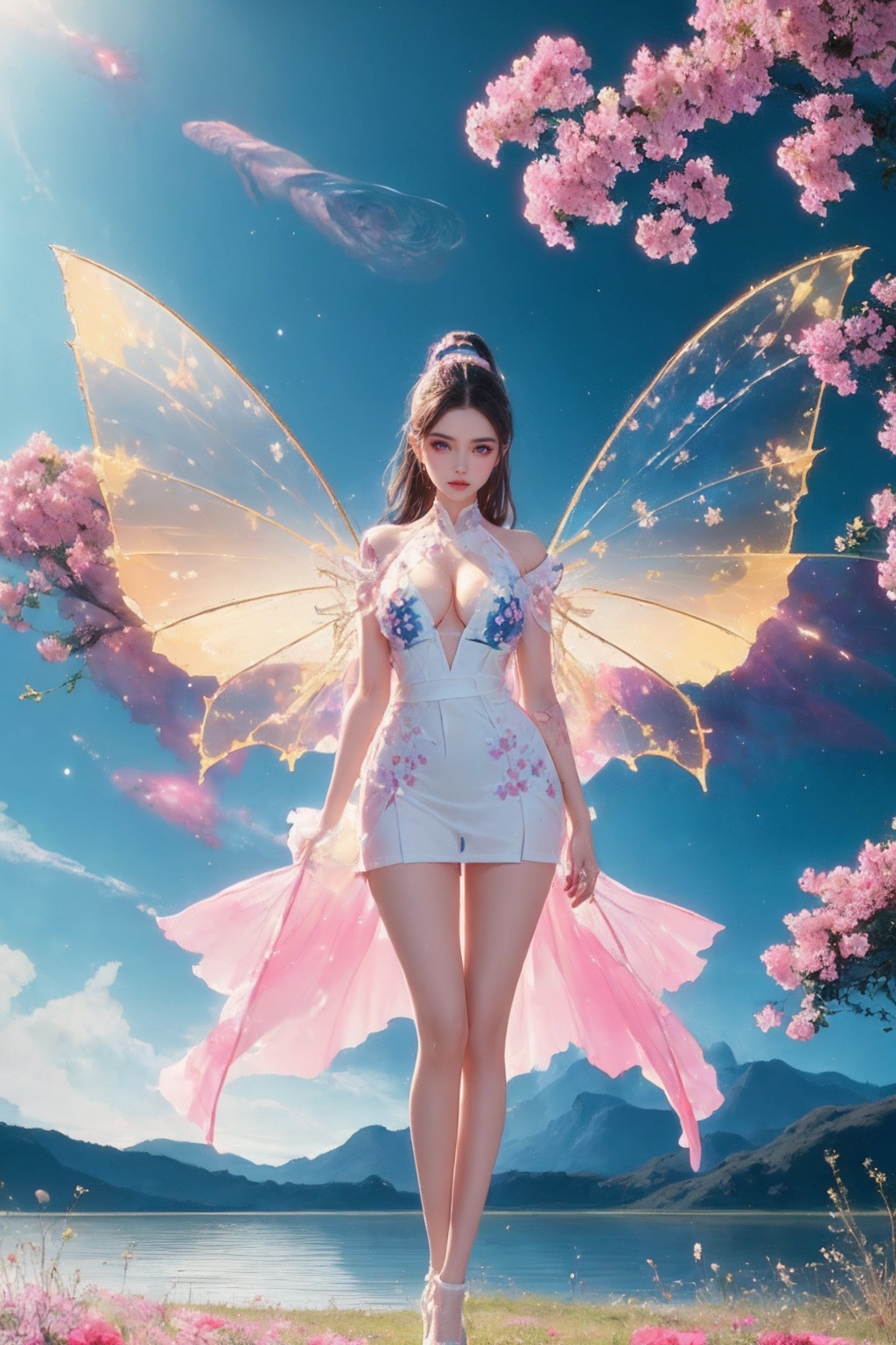 1girl,white see-through dress,short skirt,(very long legs:1.1),(legs apart:1.2),cleavage,tattoo,nebula,(painted clothes:1.3),standing,(transparent wings:1.3),high heels,high ponytail hanging down to the shoulders,lake,flowers,flowers meadows,grasslands,day,sunny sky,outdoors,<lora:Again_Style_2:1>