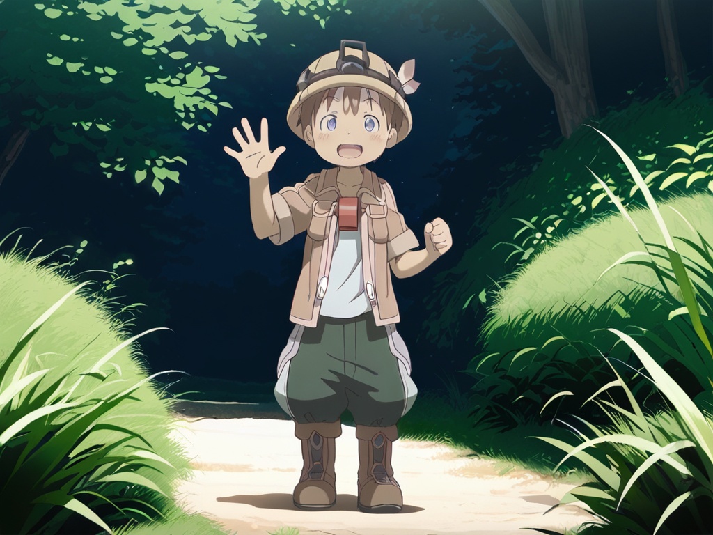 <lora:MIA_Nate+Reg_XL:1>,Made in abyss,best quality,best detail,masterpiece,male focus,outdoors,nature,1boy,child,solo,petite,bright brown hair,very short hair,dark blue eyes,red flute hanging the neck,correct eyes,brown hat,(brown jacket:1.1),white shirt,gloves,dark green pants,brown footwear,standing,waving,kind_smile,excited,light_blush,perfect hands,(5fingers:1.5),correct anatomy,(realistic:1.2),full_shot,available light,huge filesize,