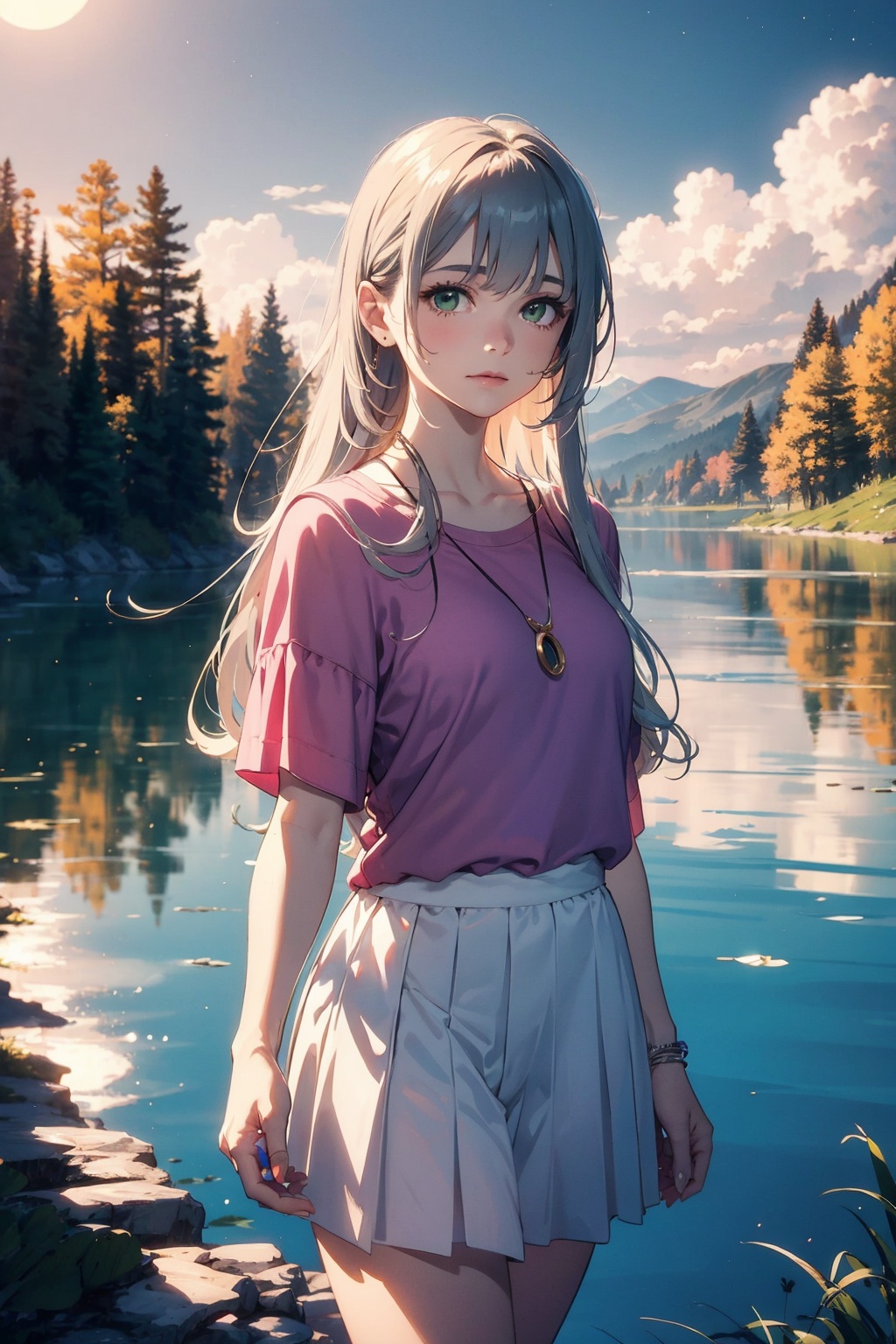 masterpiece,best quality,cinematic lighting,extremely detailed CG unity 8k wallpaper,.1girl,Silver long hair,flowing long hair,green eyes,pink clothes,white skirt,side gaze towards the camera,looking towards the camera,by the lake,in the wilderness,in the surrounding forests,full moon in the sky,moonlight reflected in the lake,lake reflections,distant mountains,birds,clouds.Evening,sunny,summer.Half-length photo,