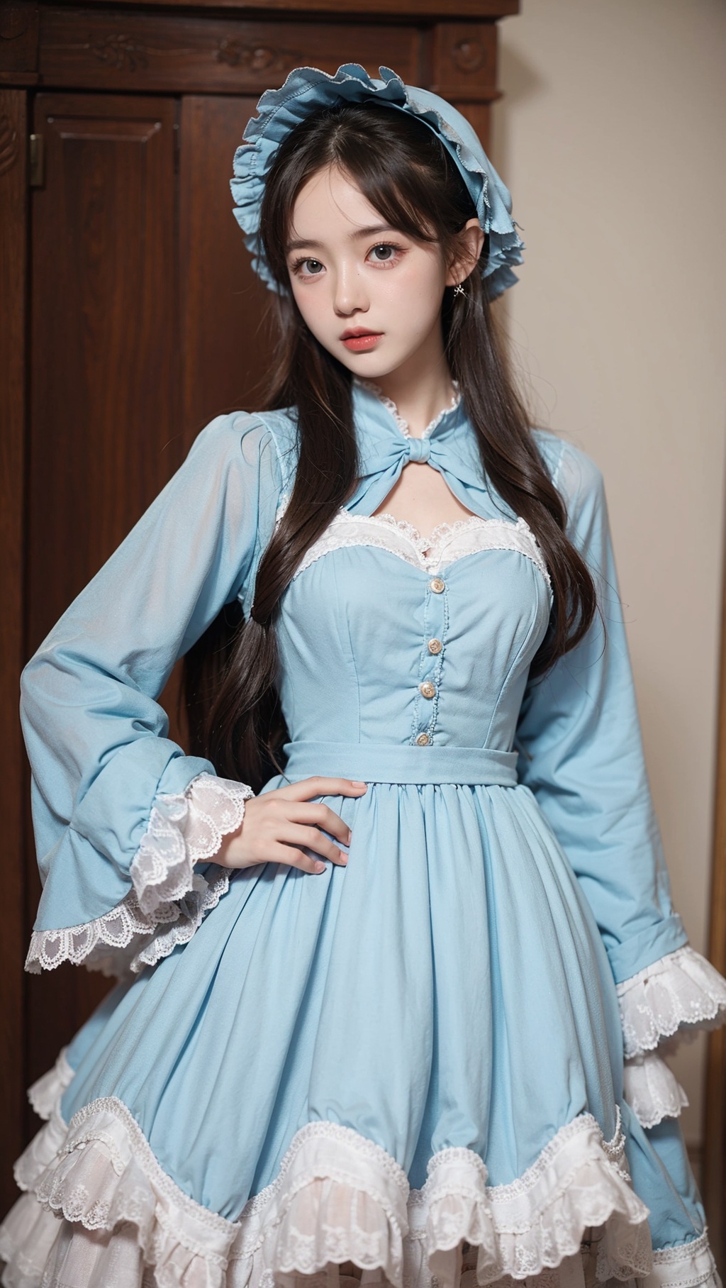 1girl, lolita fashion, blue dress,wide sleeves , <lora:YG公主洛丽塔2:0.75>,