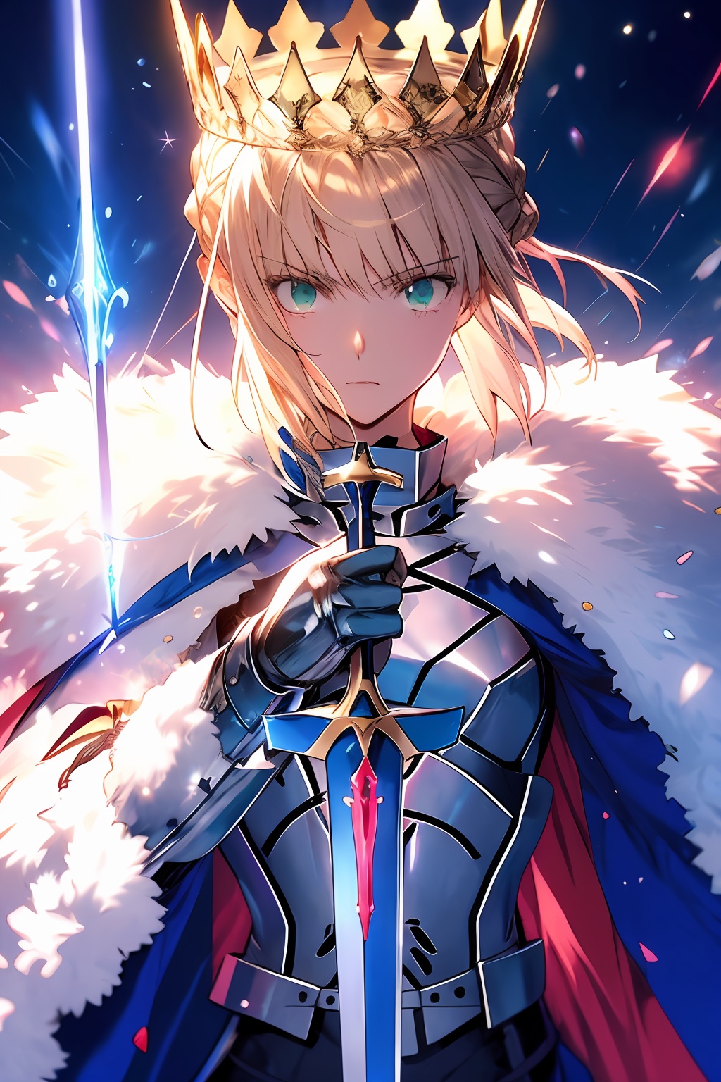 masterpiece,1girl, solo, looking at viewer, short hair, bangs, blonde hair, ribbon, holding, green eyes, hair ribbon, upper body, weapon, braid, ahoge, sidelocks, parted lips, sword, cape, holding weapon, armor, fur trim, holding sword, crown, blue ribbon, gauntlets, french braid, breastplate, armored dress, blue cape, fur-trimmed cape, glowing weapon, excalibur (fate/stay night), glowing sword, artoria pendragon (fate), saber,<lora:lbc_saber_v2.0:0.8>,