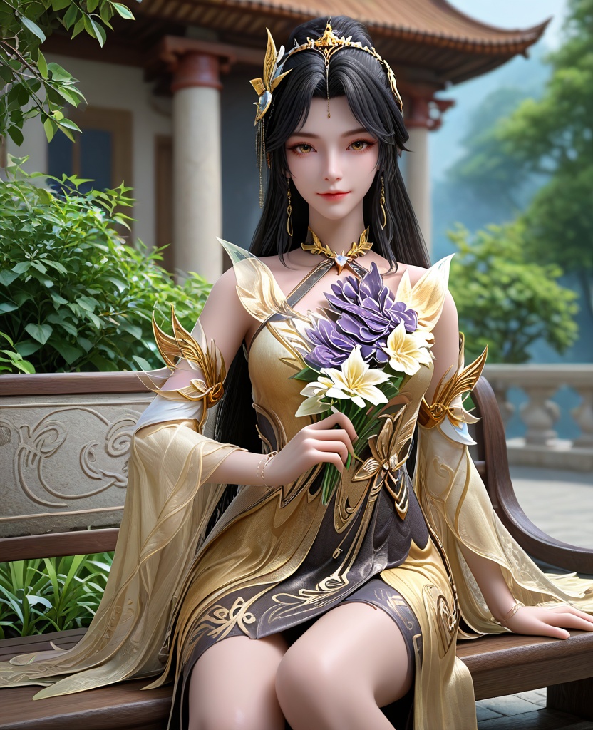 (oriental architecture, elegant decor, sophisticated style:1.1),Sitting on a park bench, holding a bouquet of flowers, with a smile of joy and gratitude,,(breasts:1.2),<lora:XL16完美世界王曦:0.95>,miss wangxi,yellow high-slit mermaid gown,brown eyes,mole under right eye,black hair,traditional chinese updo with long cascading hair,hair ornament,jewelry,wide flowing sleeves,, zPDXL2, score_9, score_8_up, score_7_up BREAK realistic, masterpiece,best quality, highly detailed,, zPDXL3, zPDXL2,zPDXL, zPDXLxxx, zPDXLrl,