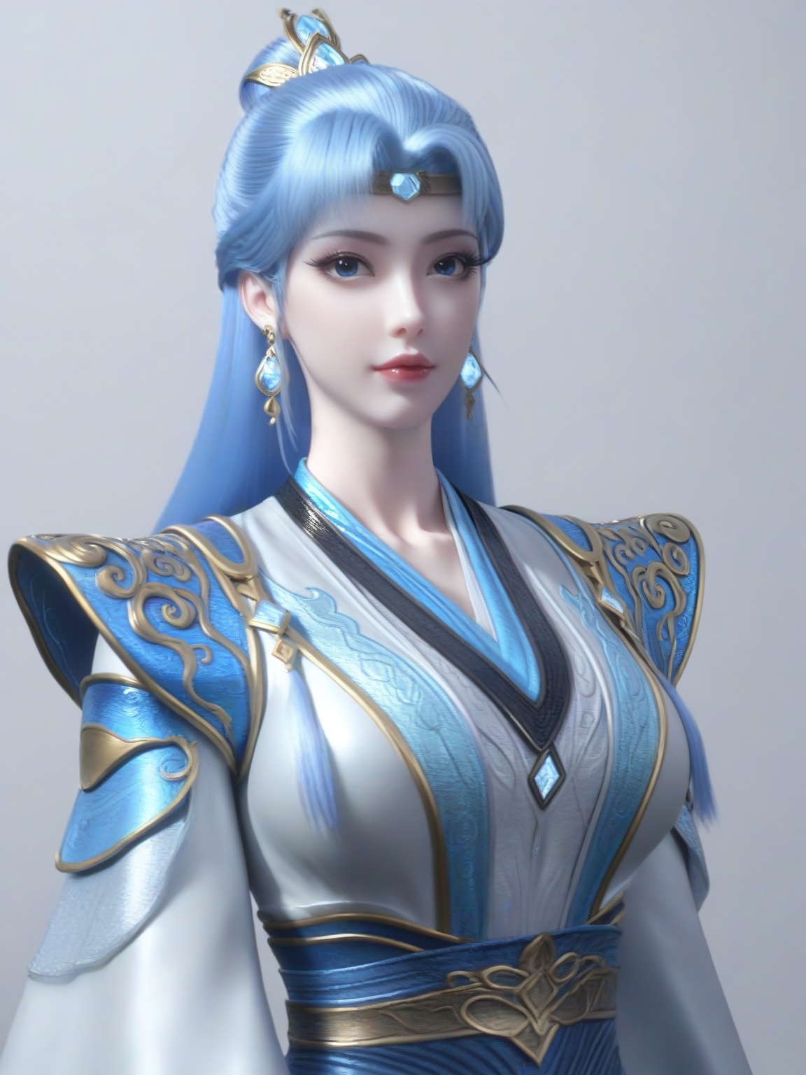 score_9,1girl,solo,dress,long hair,standing,earrings,hair ornament,blue hair, eyelashes, large breasts,enchanting expression,standing,lipstick,upper body,looking at viewer,simple background,<lora:SF_DieGe_Pony_Realism2.3-000004:0.7>,