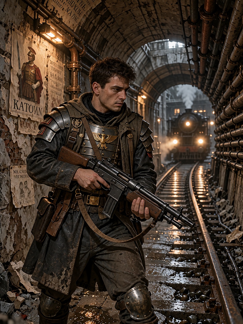A mysterious young Roman resistance fighter standing inside an abandoned underground railway tunnel,  wearing a weathered...
